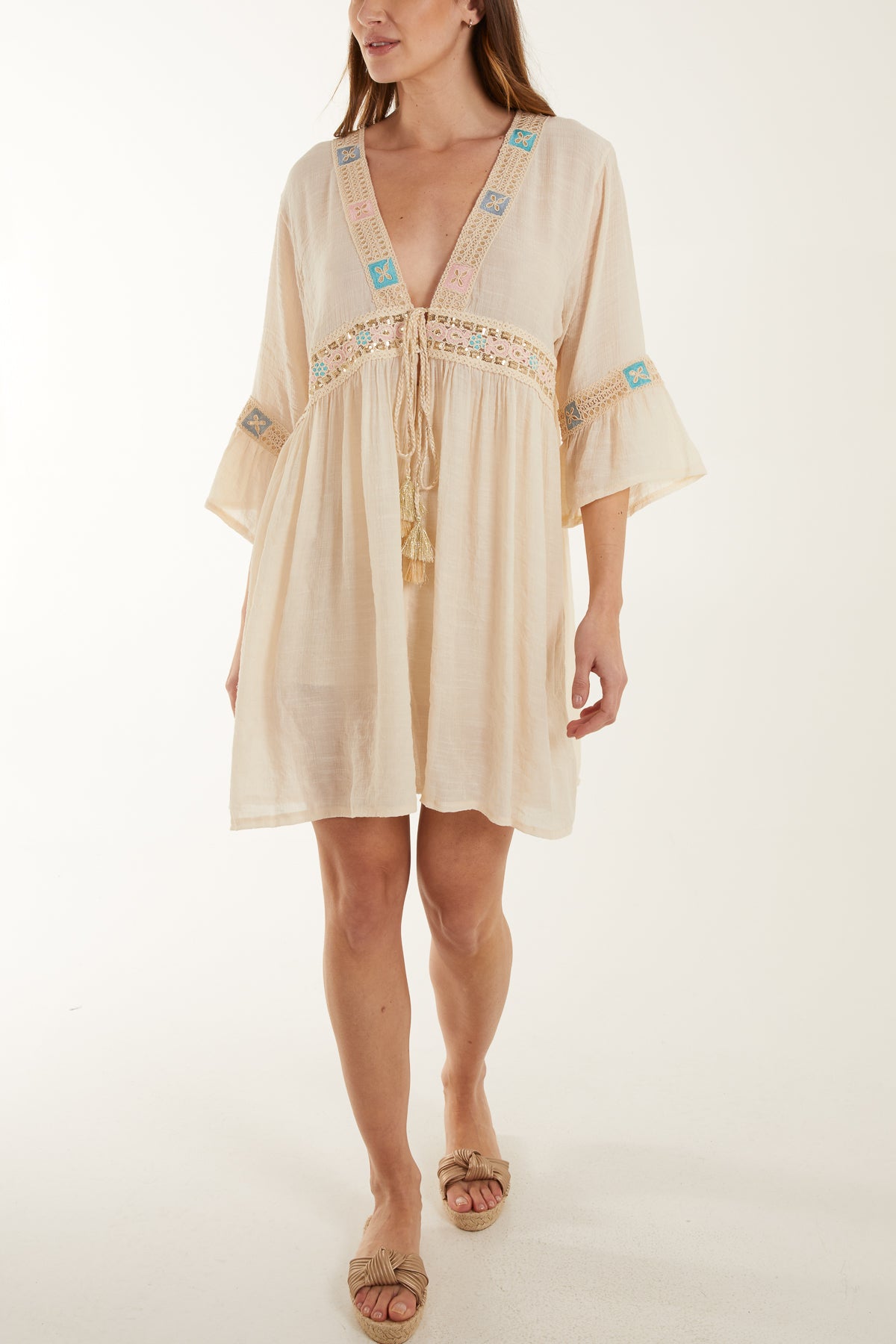 Embroidery & Tassel Linen Tie Kimono