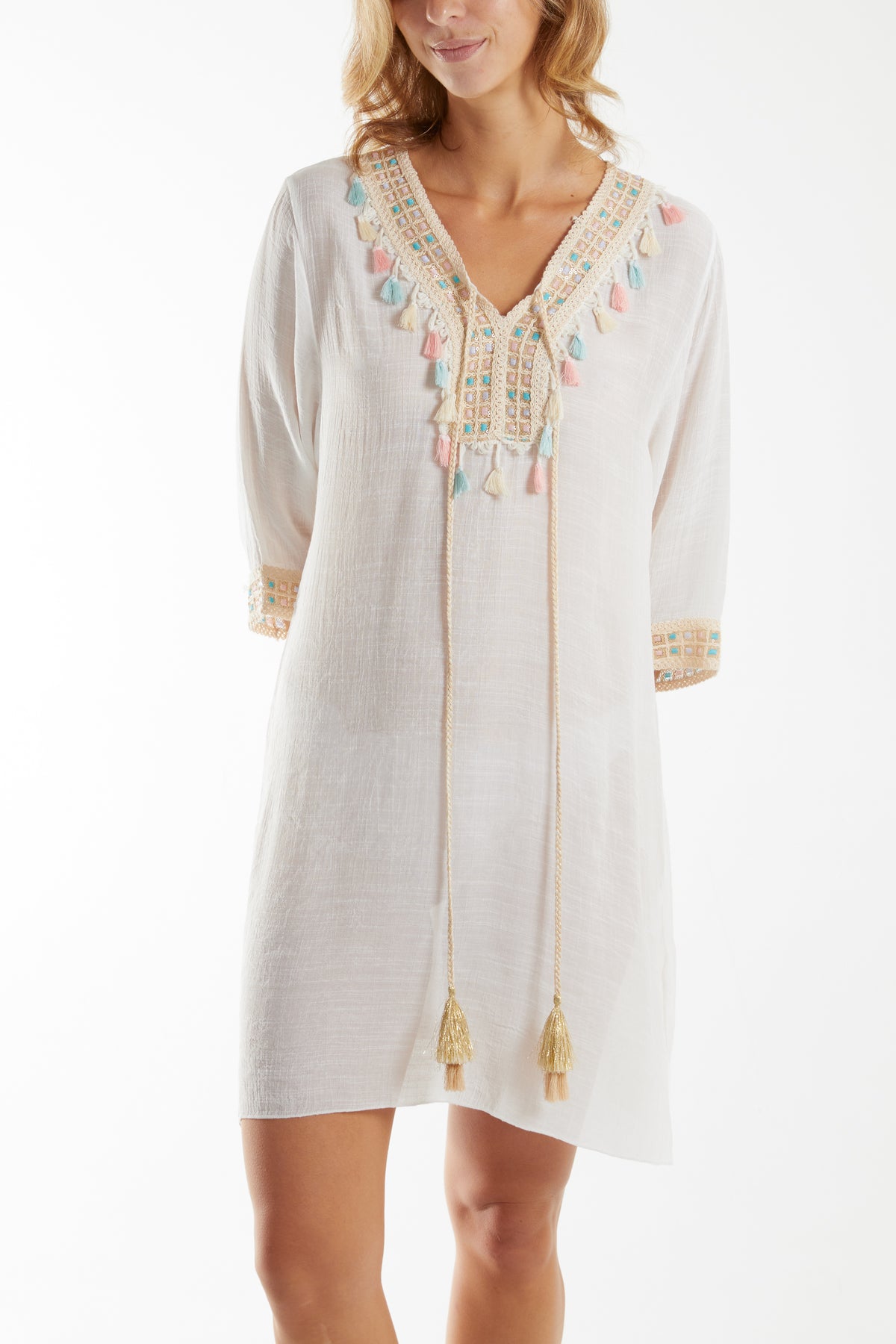 Crochet Tassel Lightweight Cotton Tunic Dress