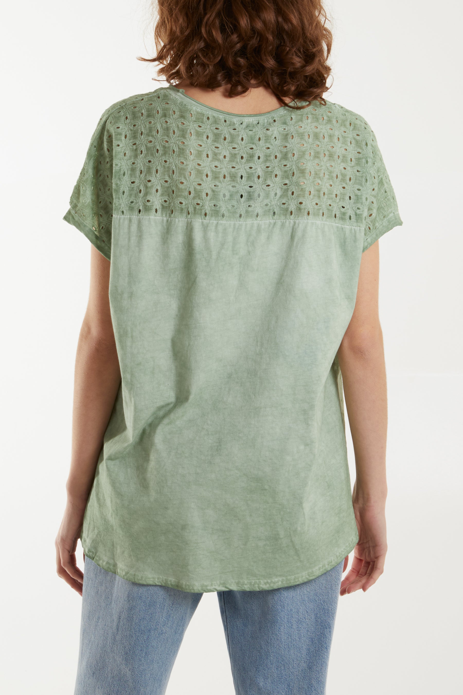 Stone Wash Broderie Anglaise Shoulder Top