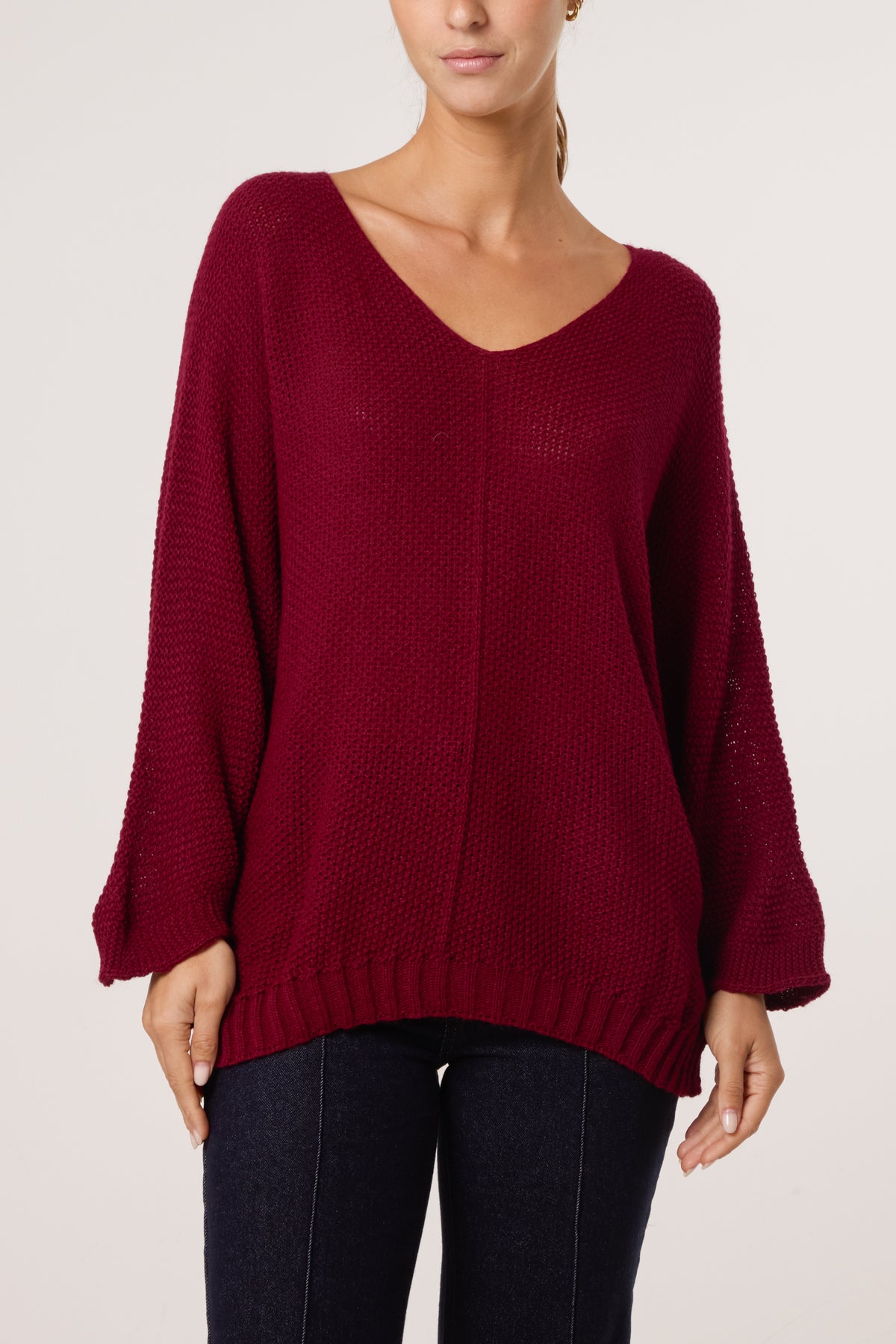 V-Neck Textured Batwing Jumper