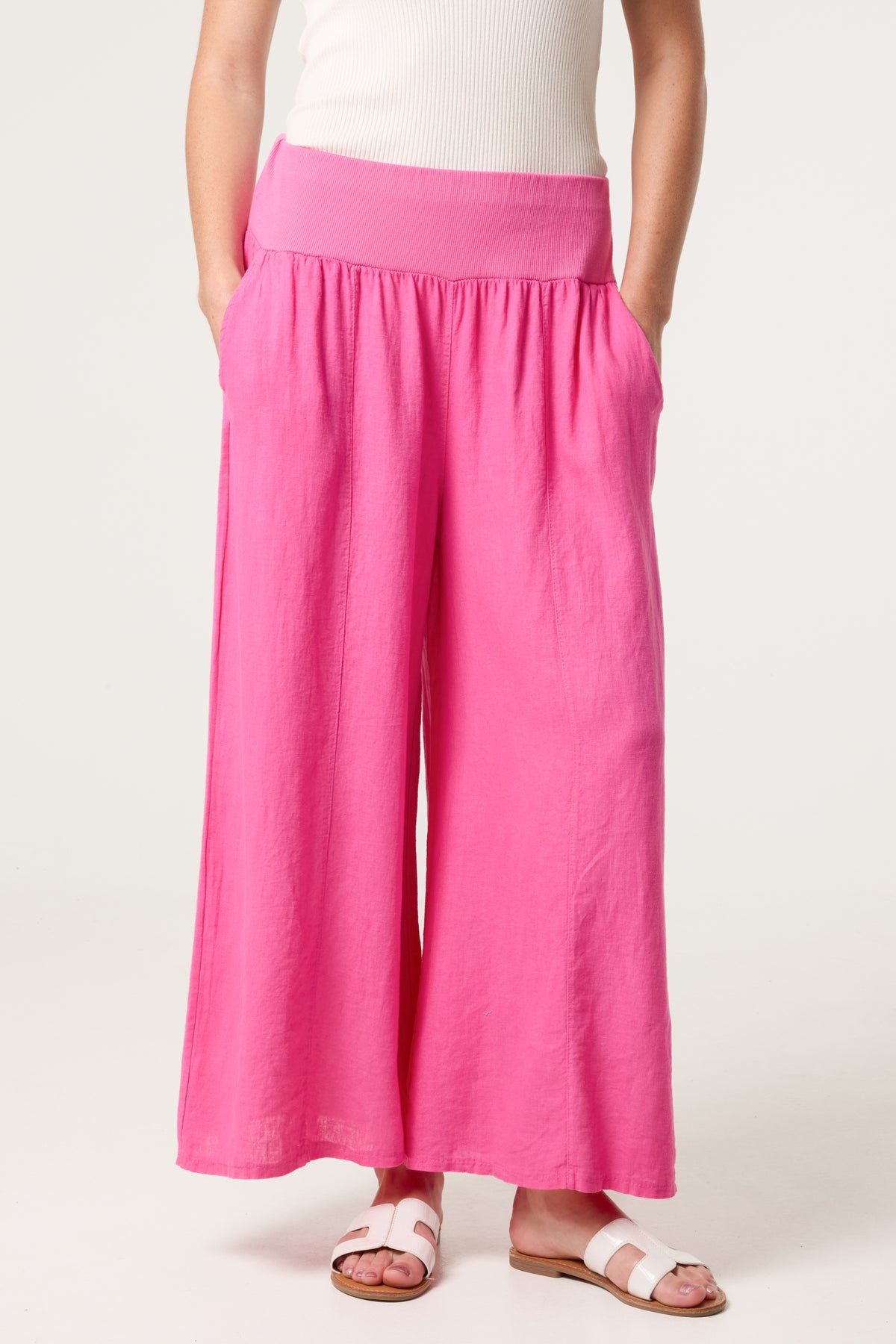 Linen Blend Wide Leg Waistband Trousers