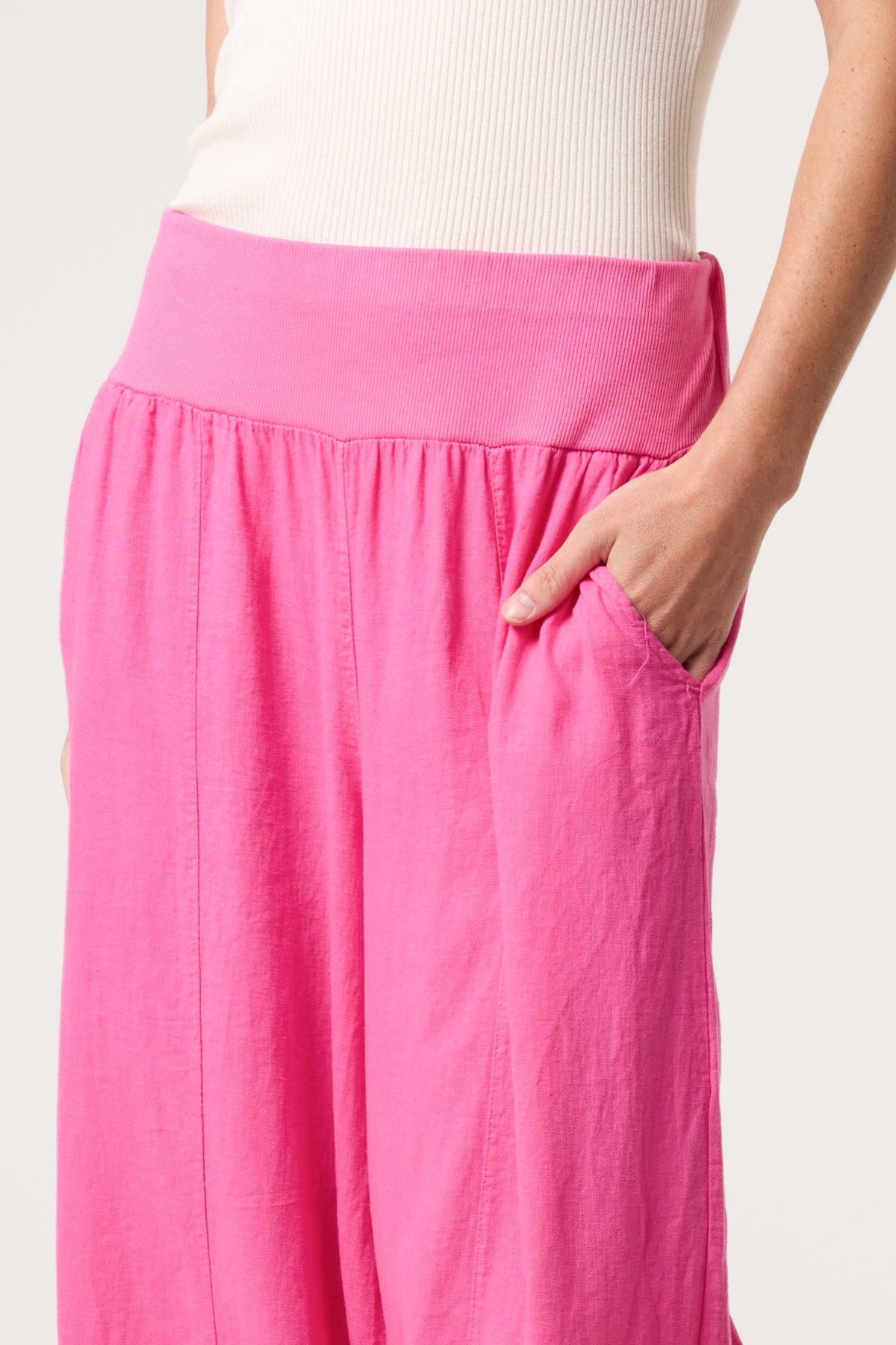 Linen Blend Wide Leg Waistband Trousers
