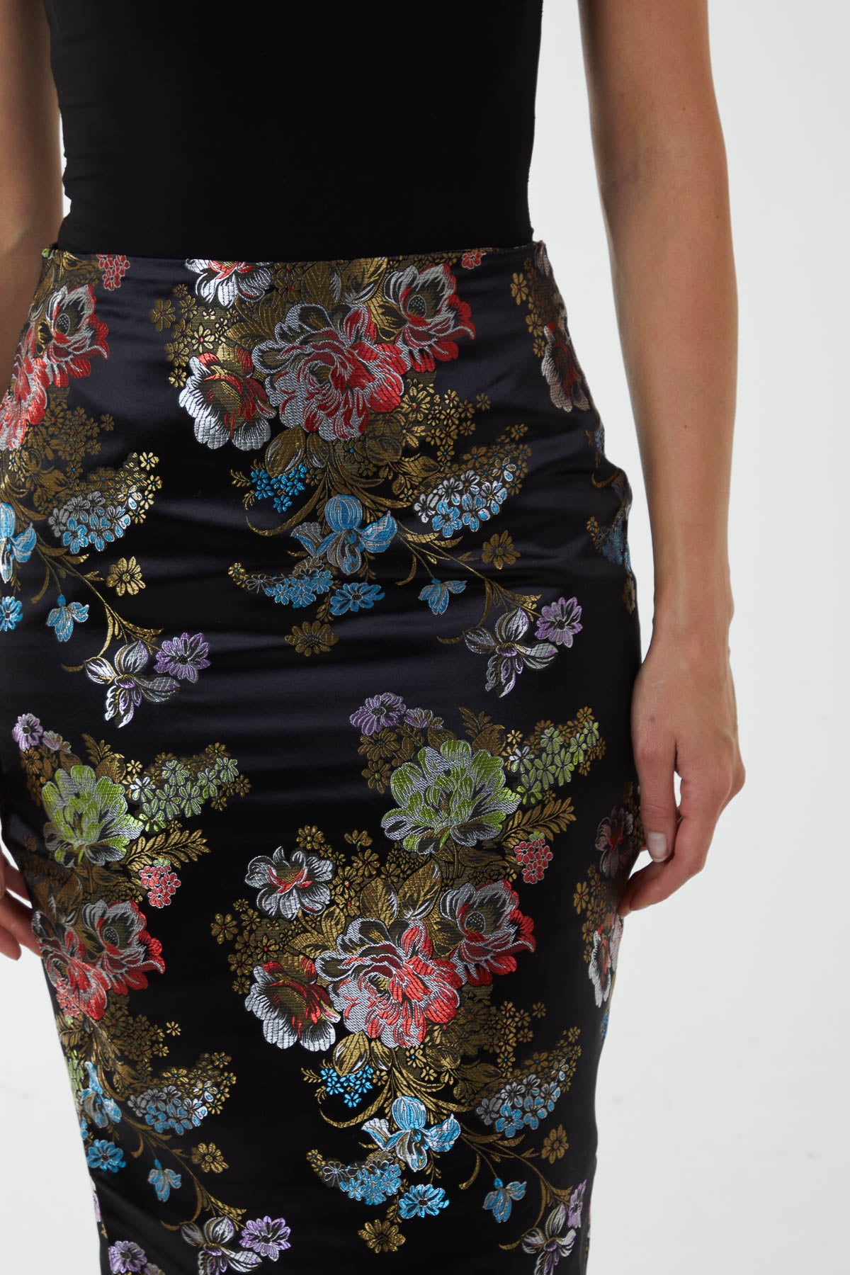 Floral Jacquard Pencil Midi Skirt