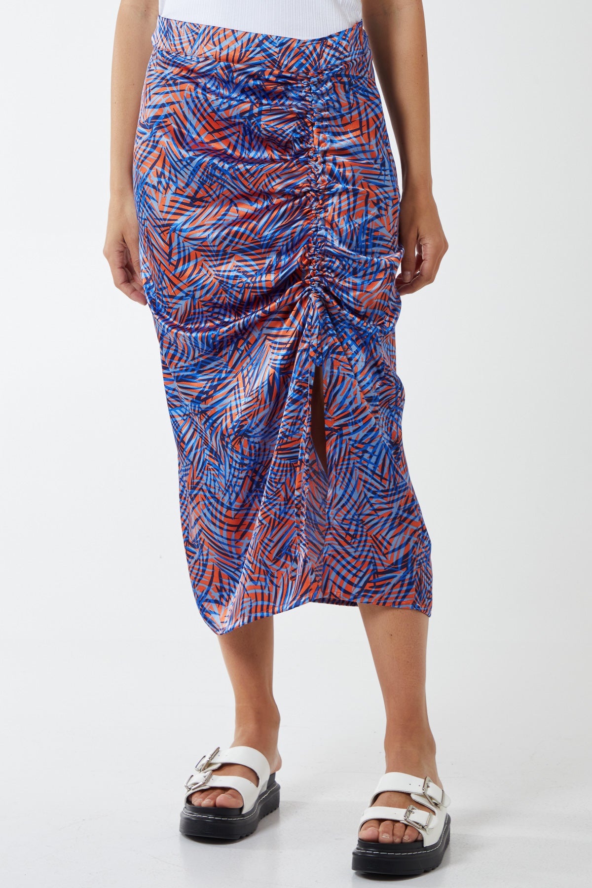 Satin Ruched Printed Midi Skirt