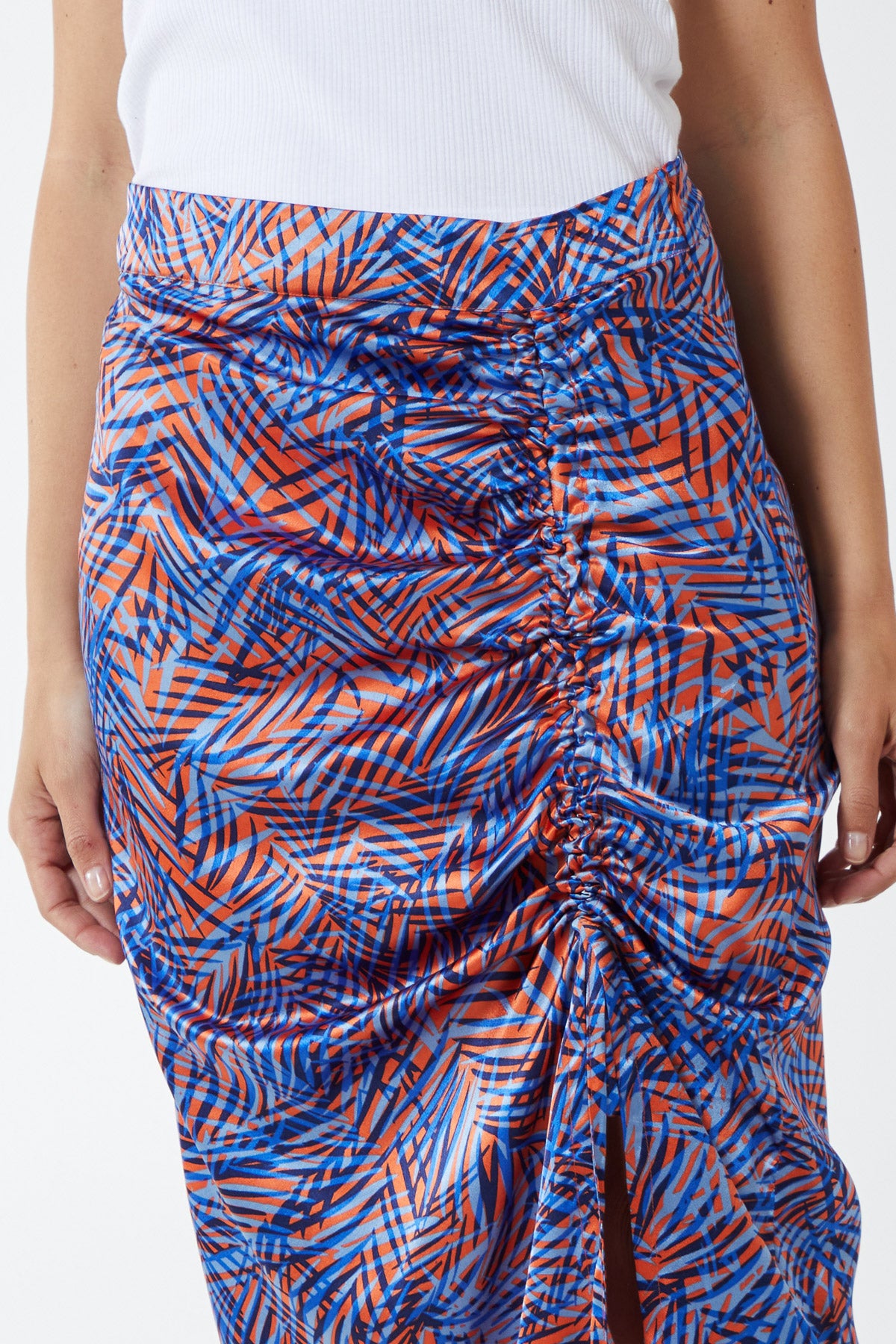 Satin Ruched Printed Midi Skirt