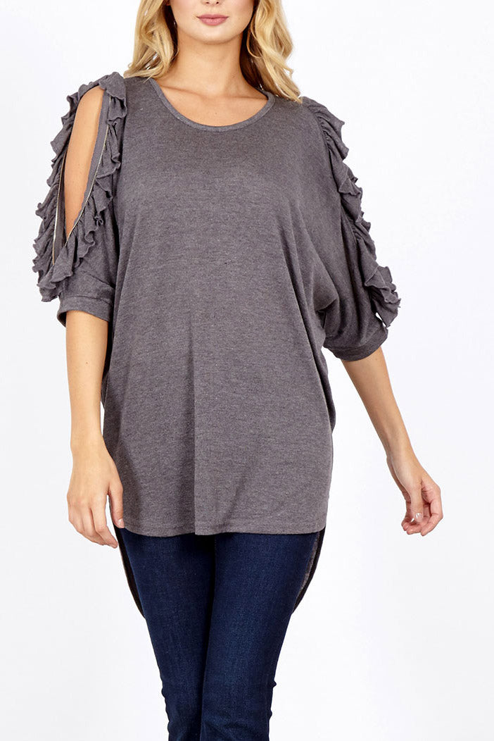 Ruffle Zip Cold Shoulder Top