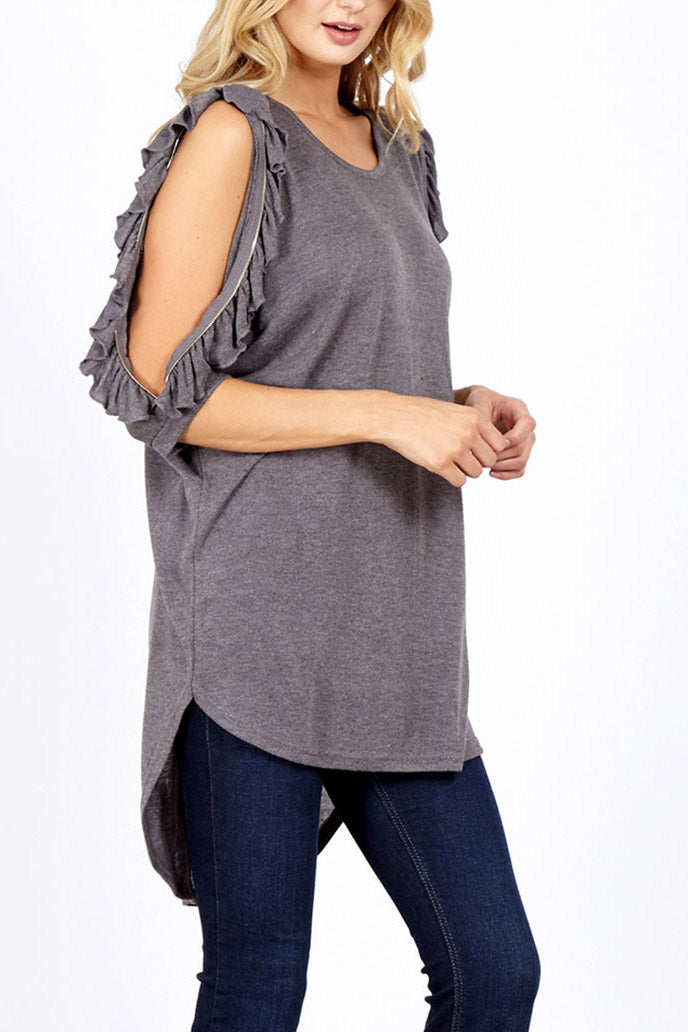 Ruffle Zip Cold Shoulder Top