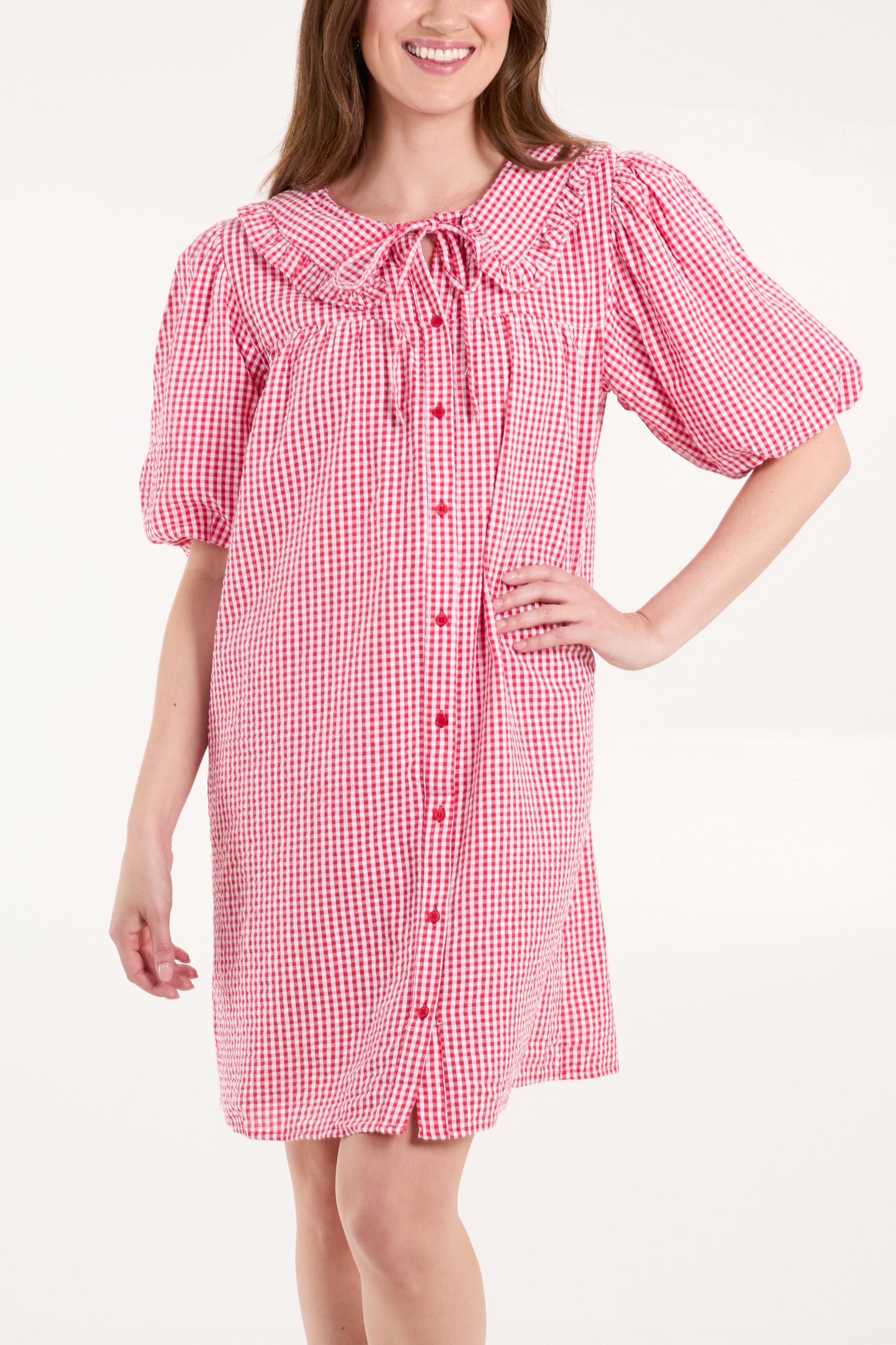 Gingham Shirt Dress With Plunge Ruffle