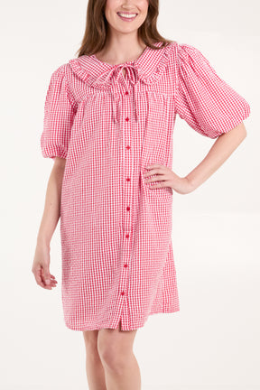 Gingham Shirt Dress With Plunge Ruffle