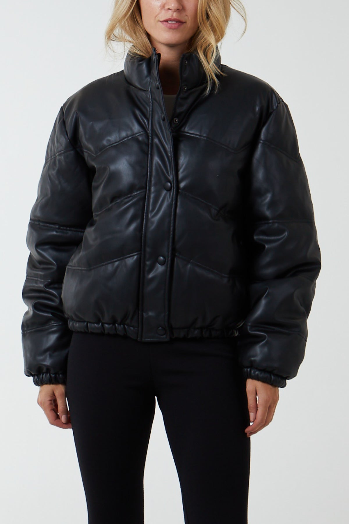 Black faux leather puffer jacket hotsell