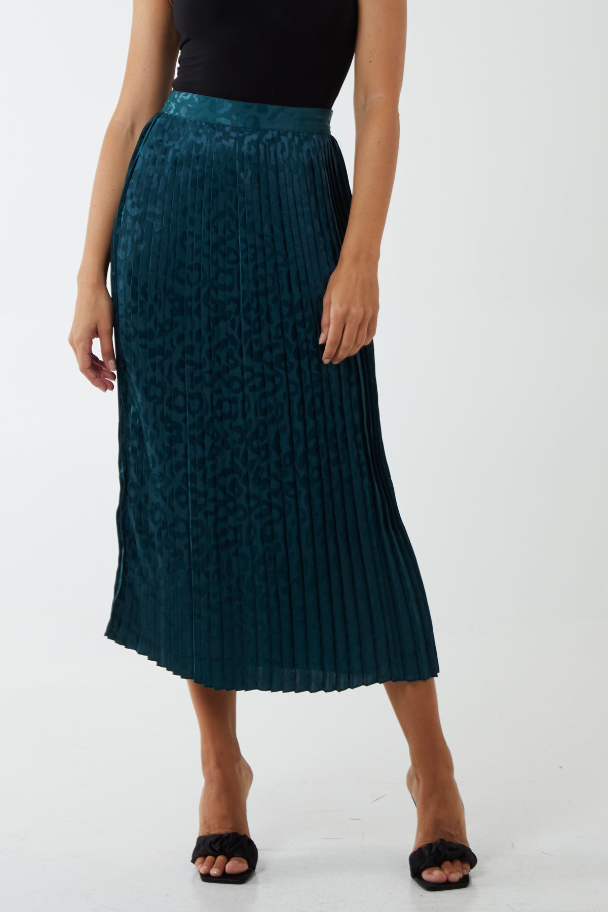 Animal Satin Jacquard Pleated Midi Skirt