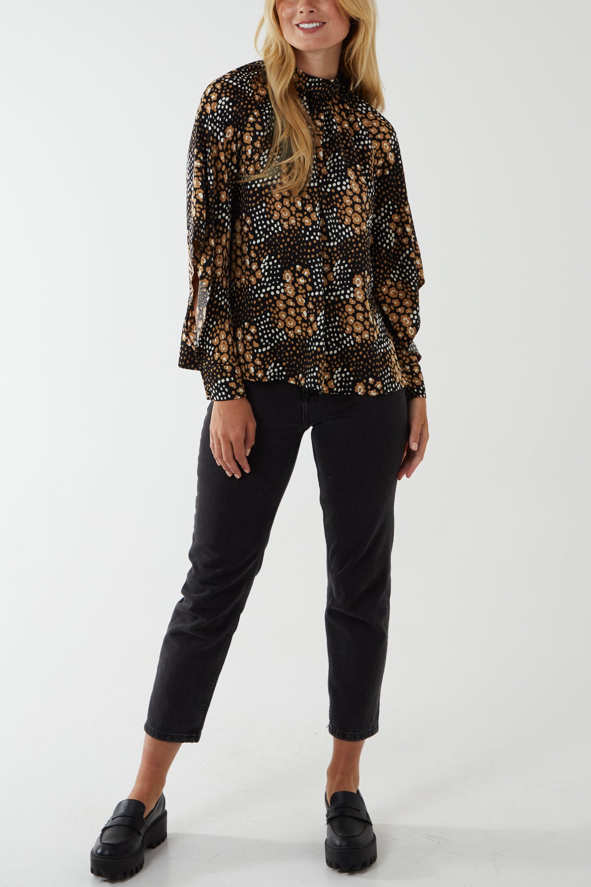 High Neck Cut Out Volume Sleeve Top