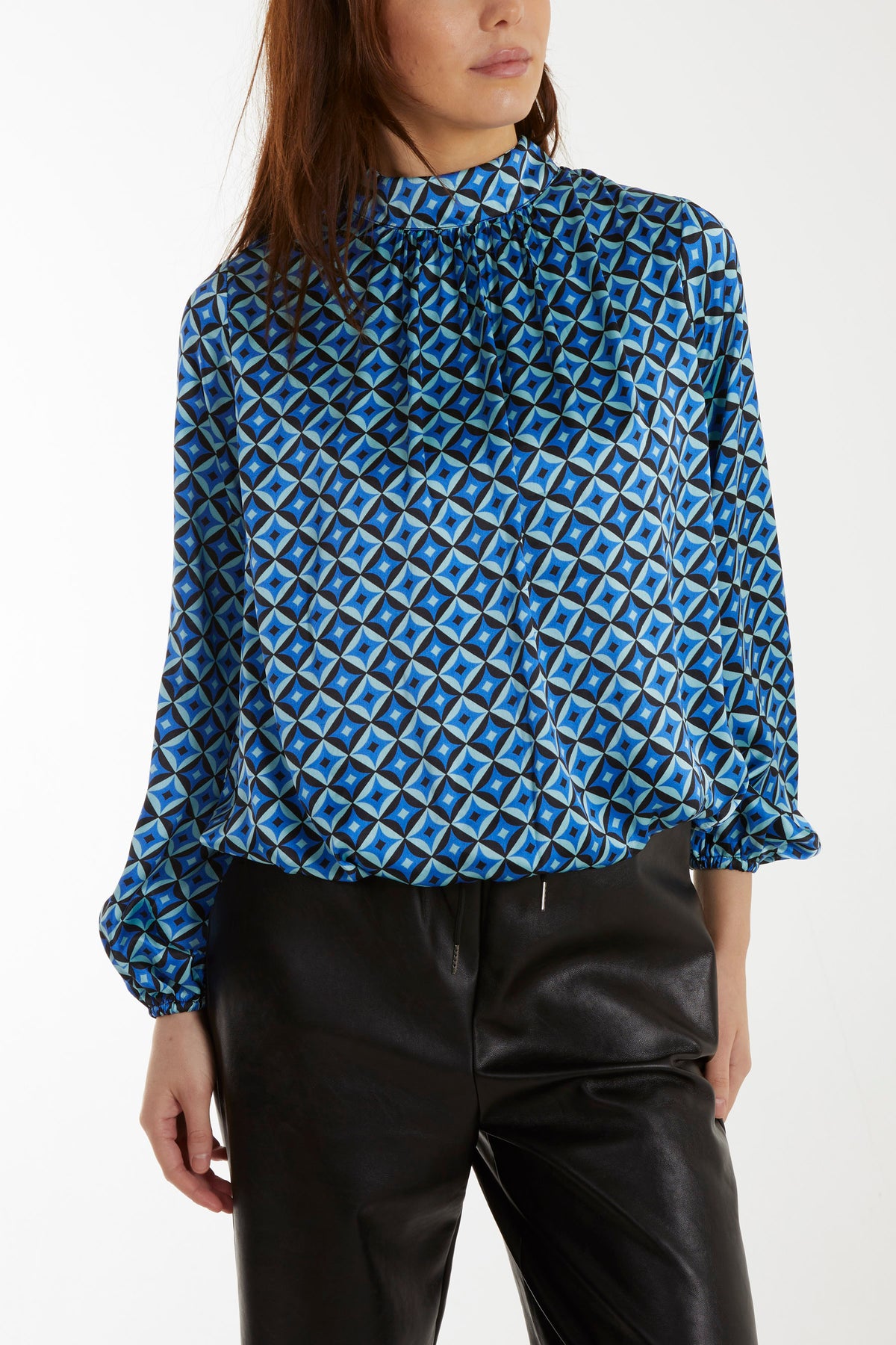 Geometric Print Blouson Satin Top
