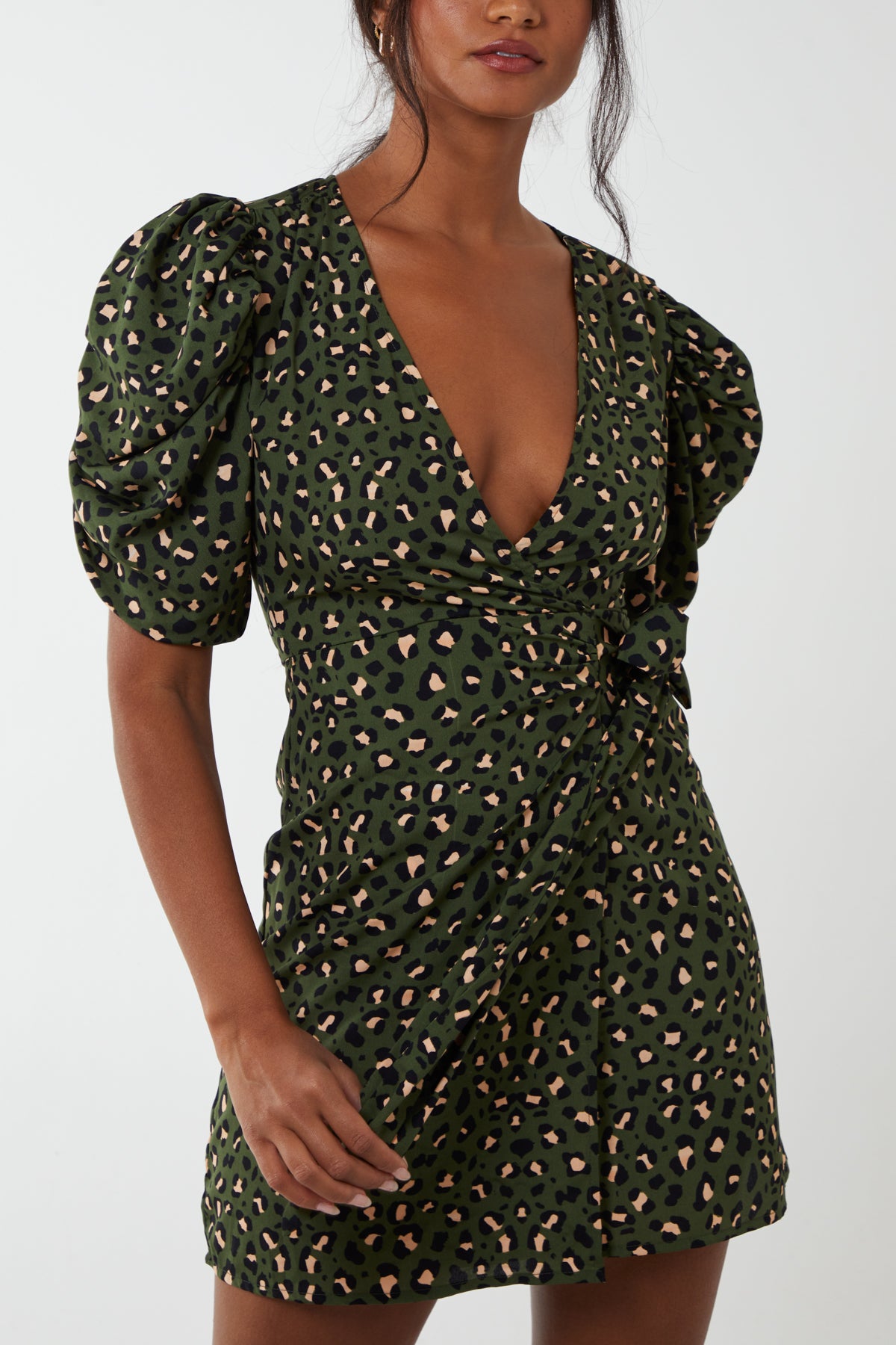 Animal Ruched Sleeve Wrap Mini Dress