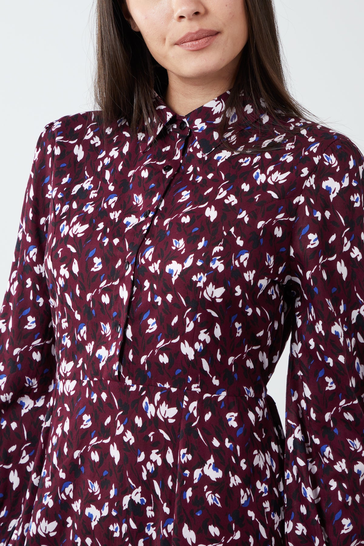Floral Shirt Midi Dress With Godet Hem