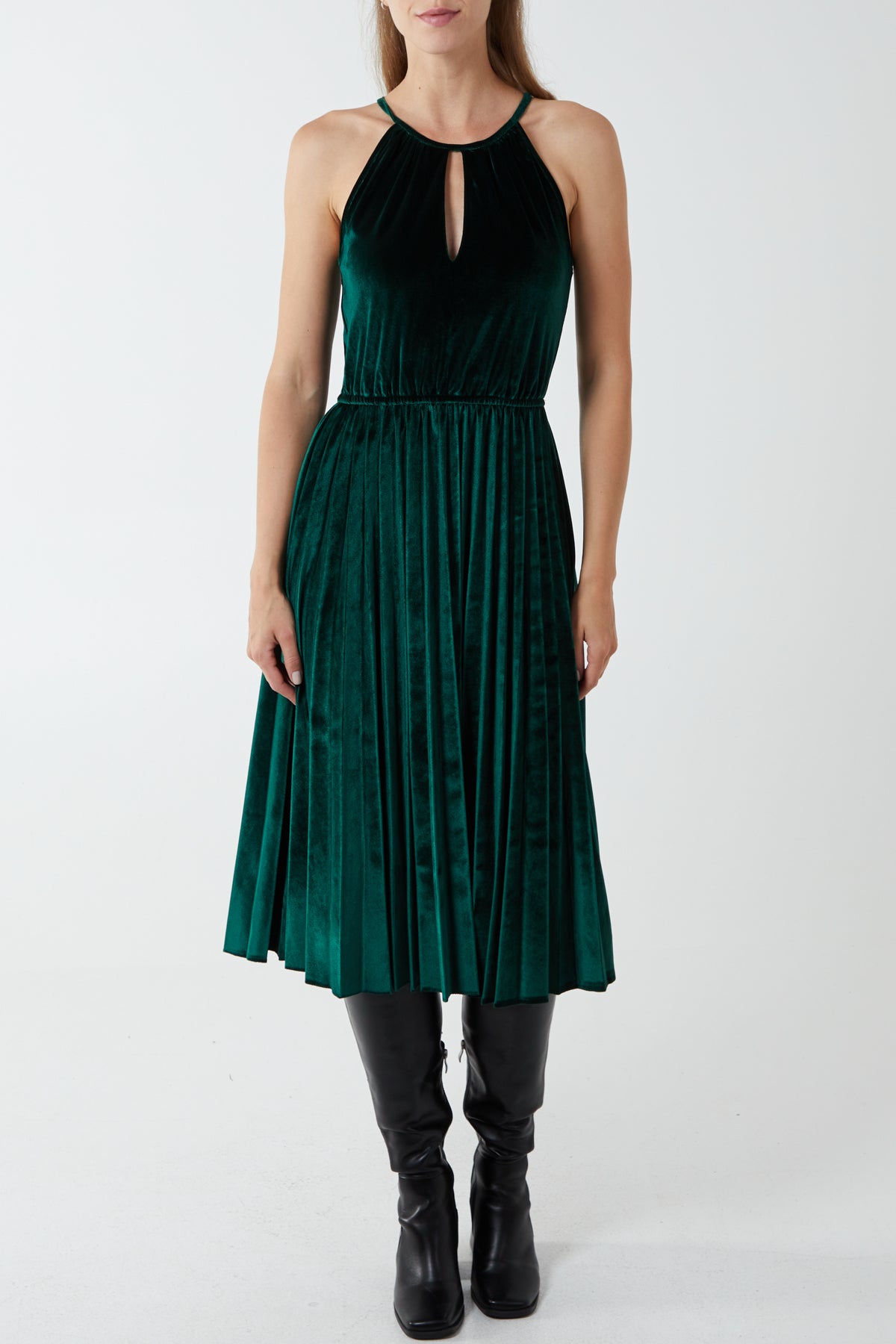 Halterneck Pleated Velvet Midi Dress