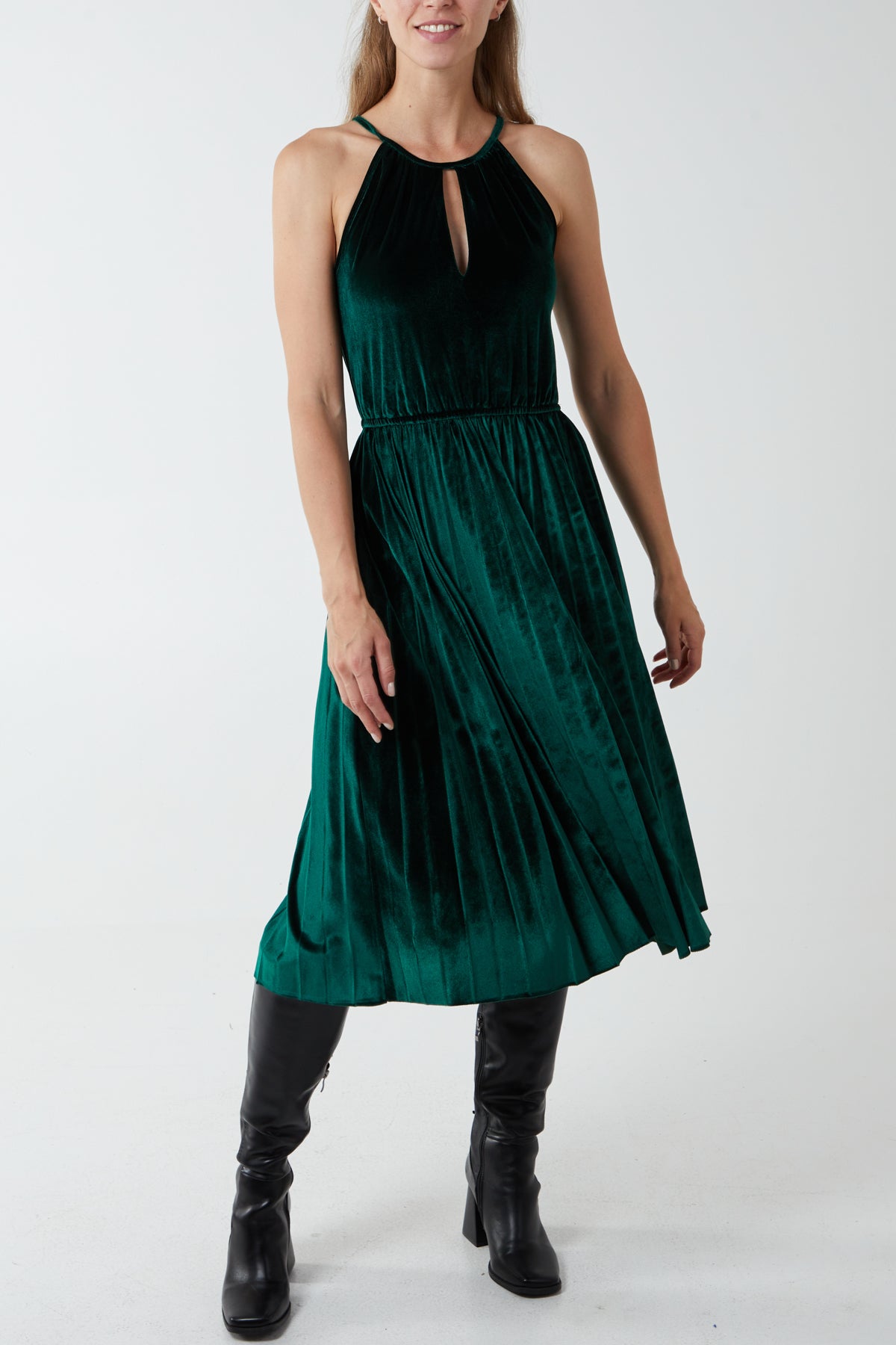 Halterneck Pleated Velvet Midi Dress