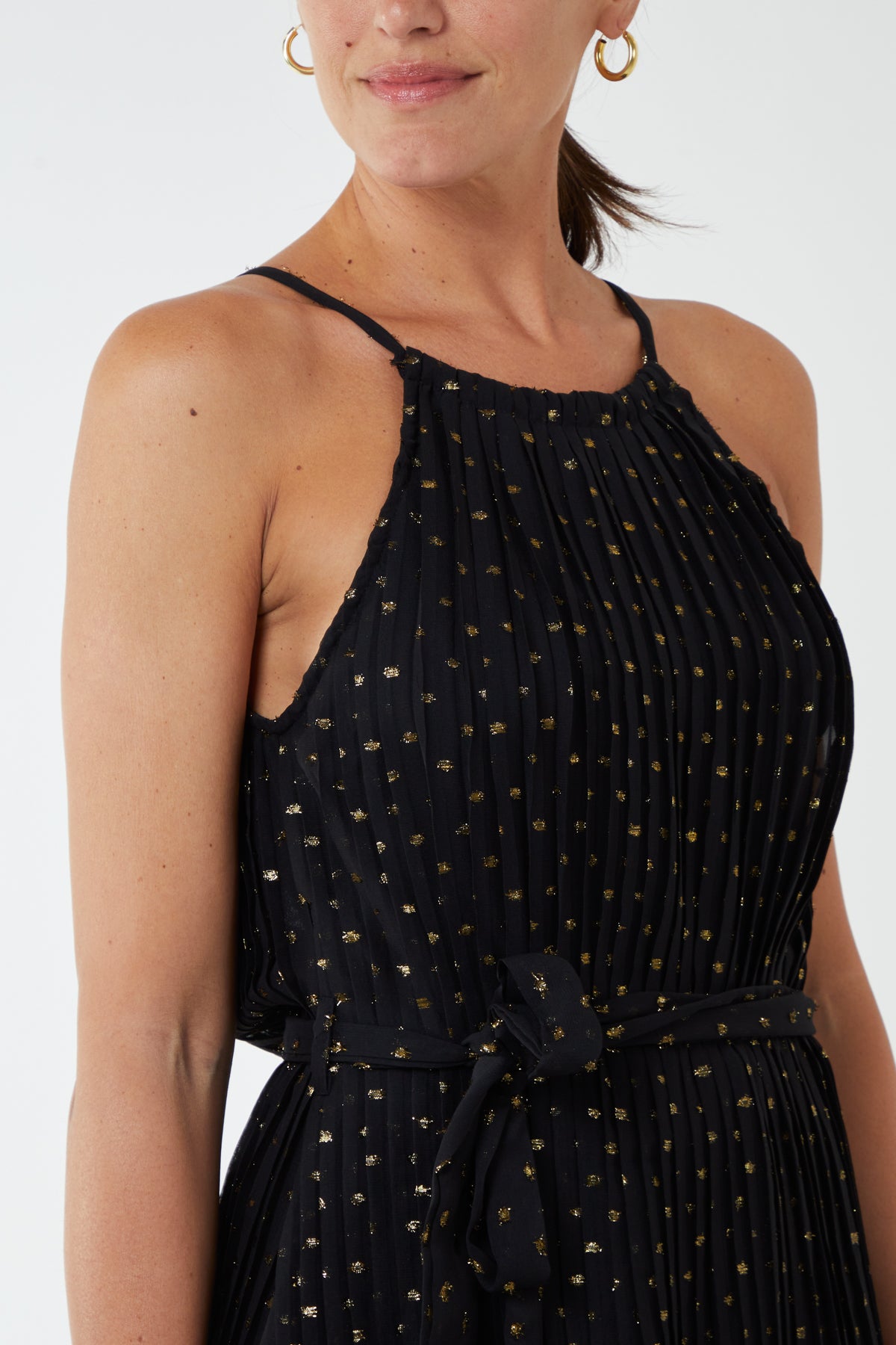 Gold Sparkle Pleated Halter Midi Dress