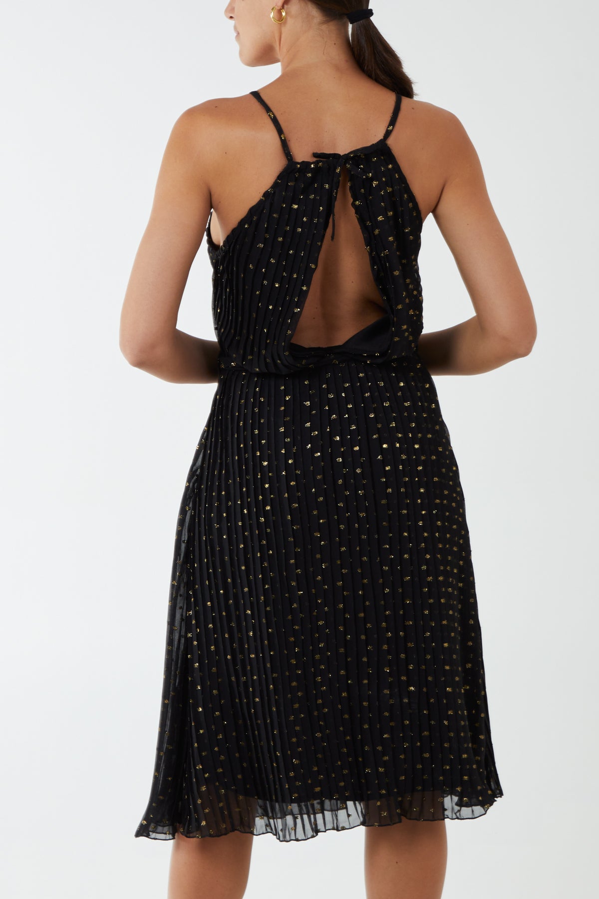 Gold Sparkle Pleated Halter Midi Dress