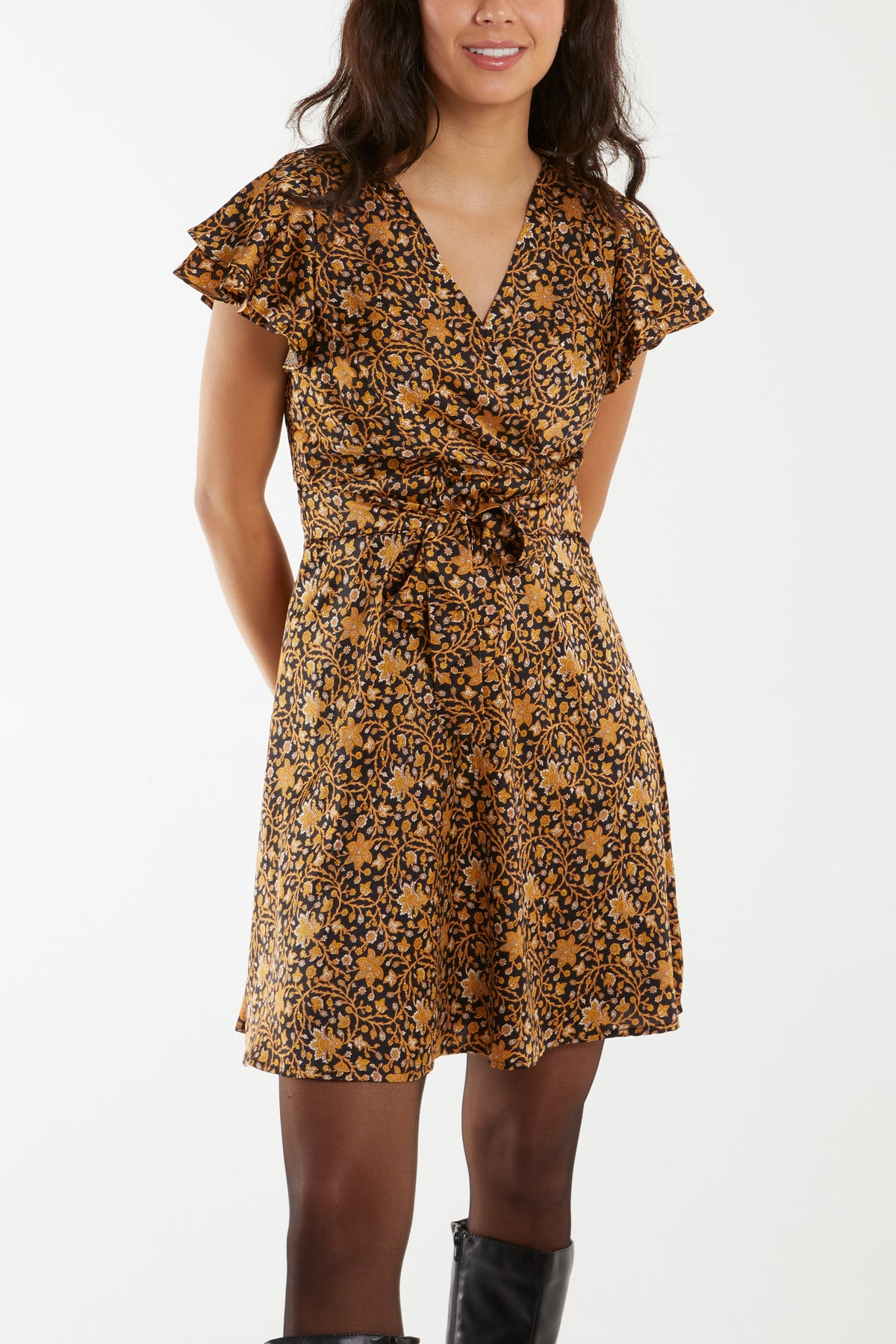 Satin Floral Wrap Frill Mini Dress