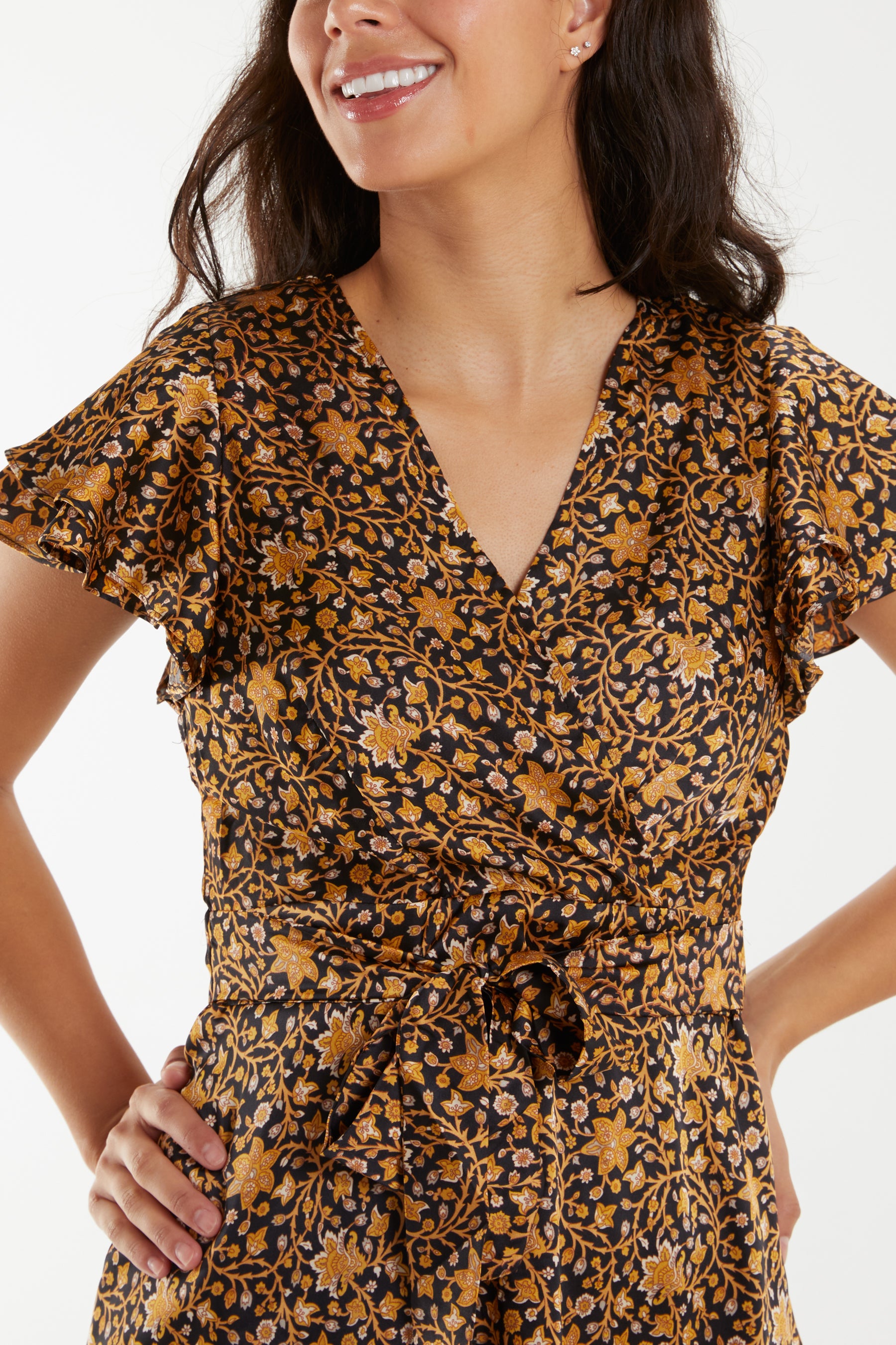 Satin Floral Wrap Frill Mini Dress