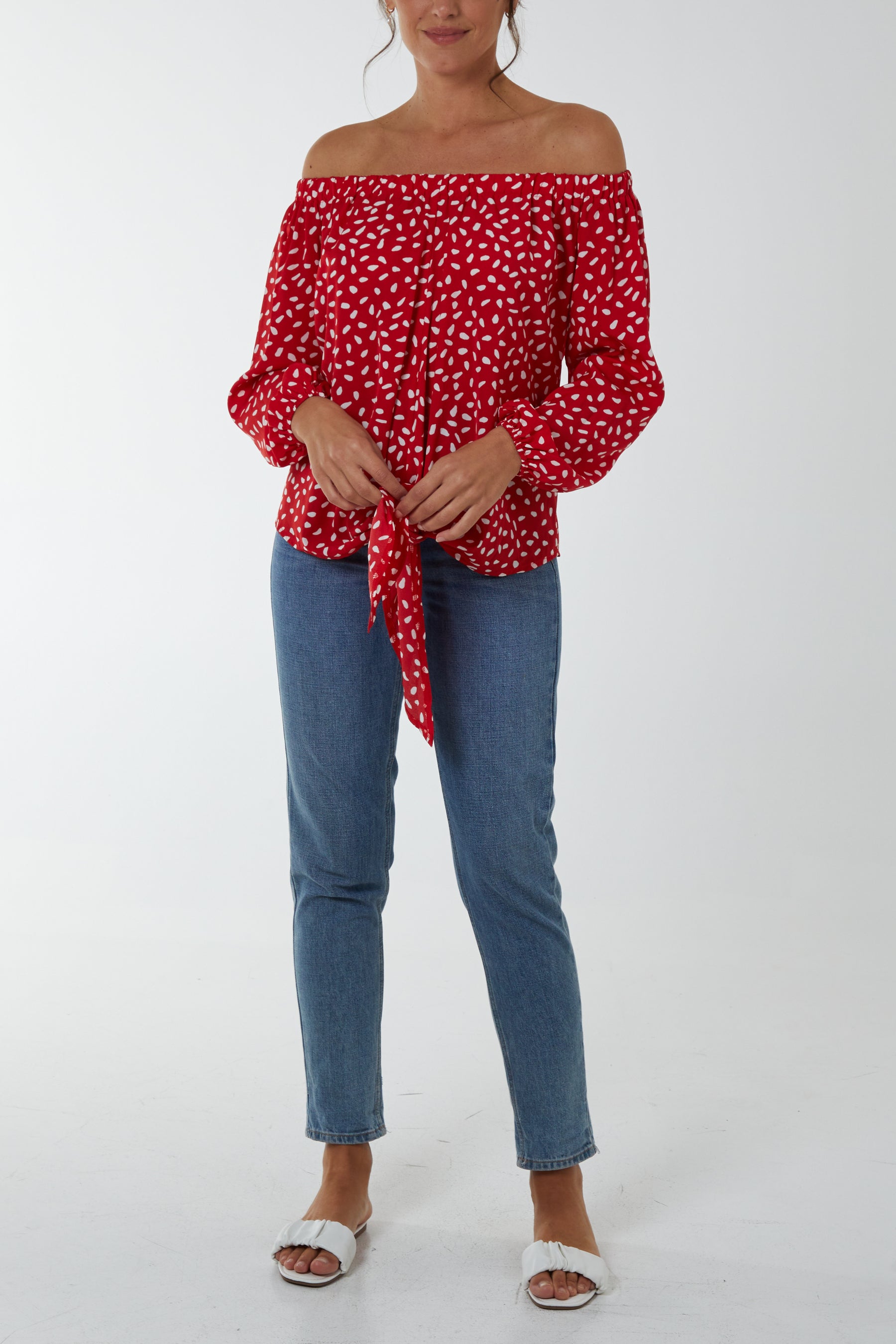 Abstract Dot Off Shoulder Balloon Sleeve Knot Top