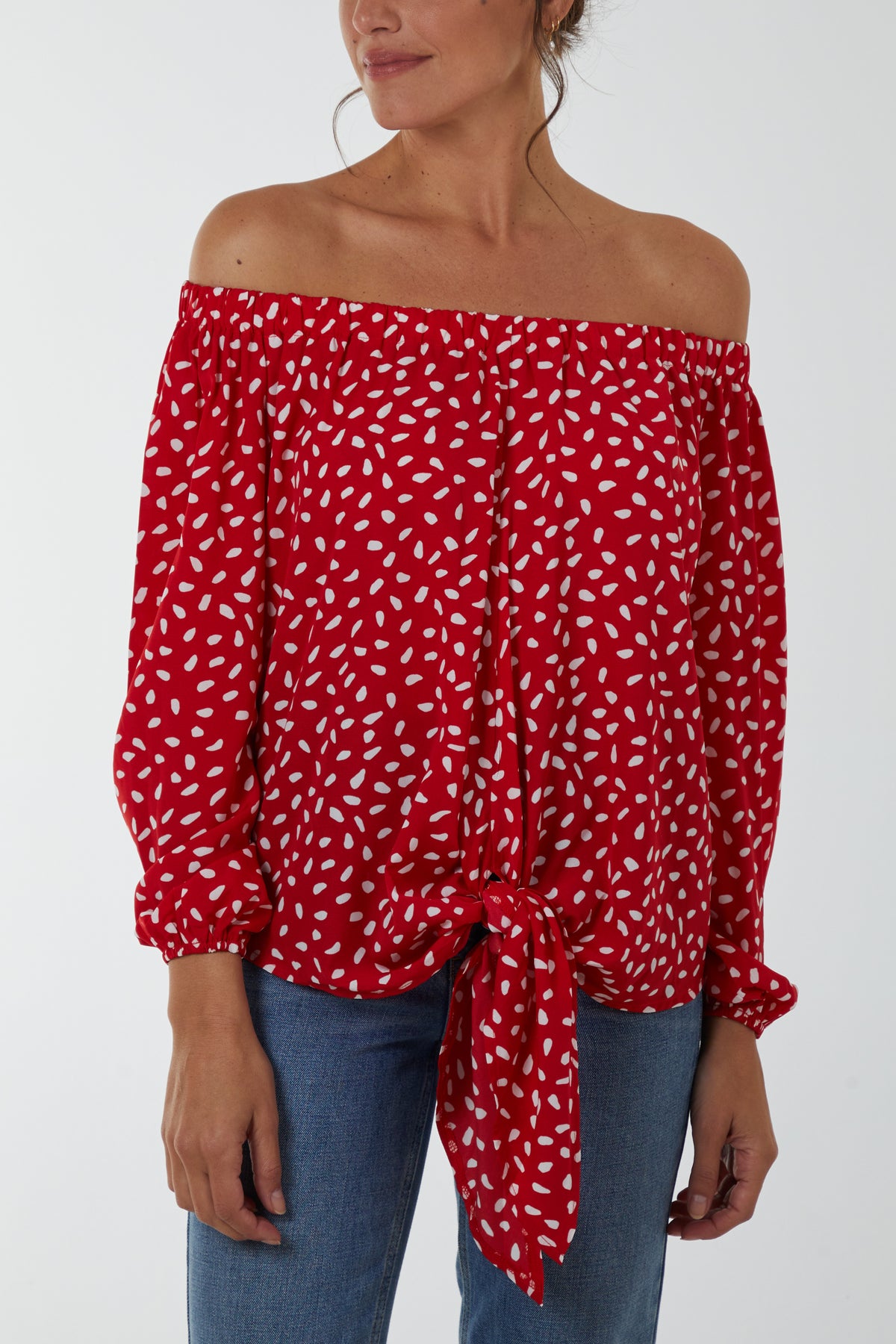 Abstract Dot Off Shoulder Balloon Sleeve Knot Top