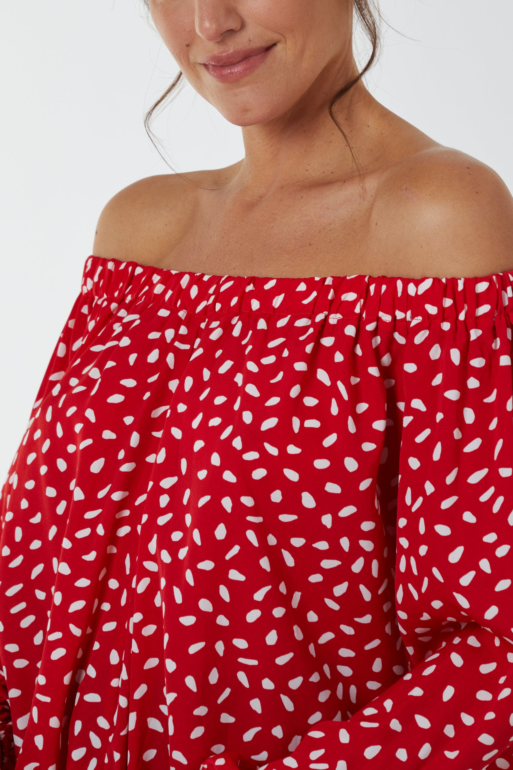 Abstract Dot Off Shoulder Balloon Sleeve Knot Top