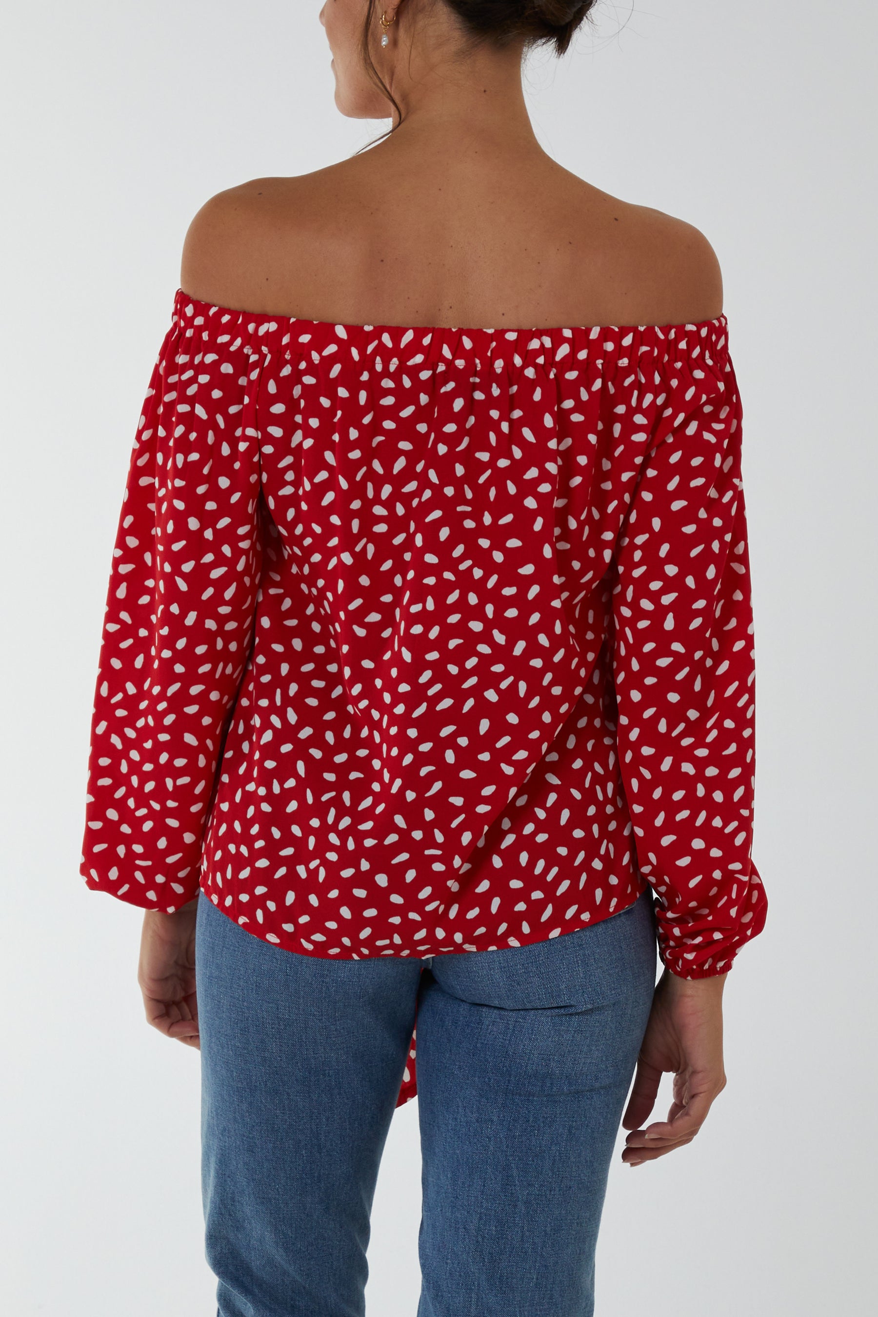 Abstract Dot Off Shoulder Balloon Sleeve Knot Top