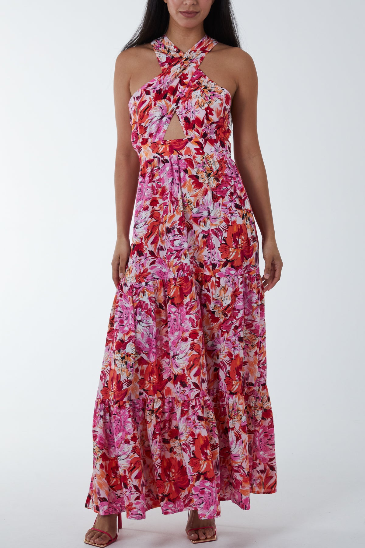 Wrap Front Halter Floral Maxi Dress