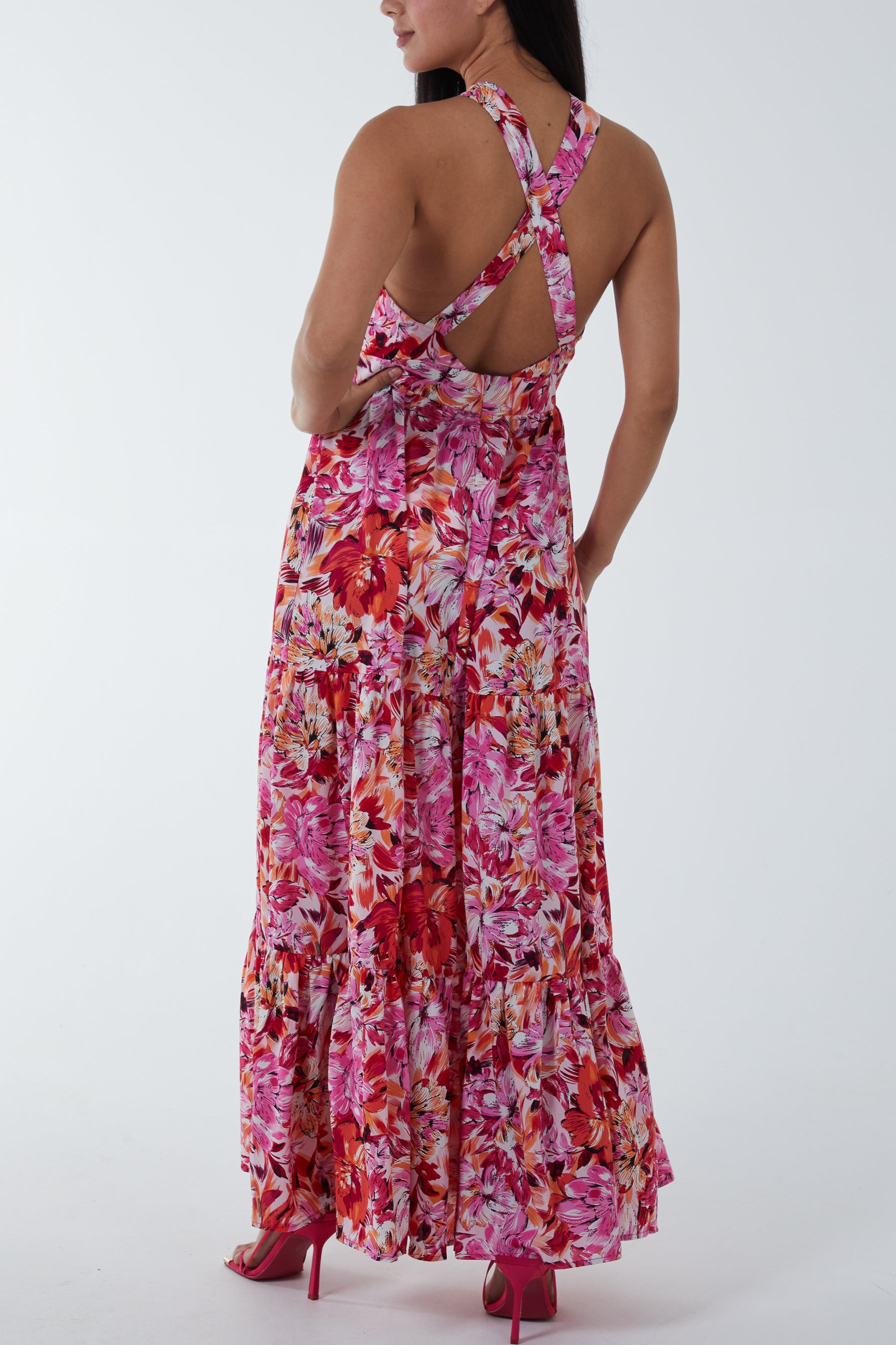Wrap Front Halter Floral Maxi Dress