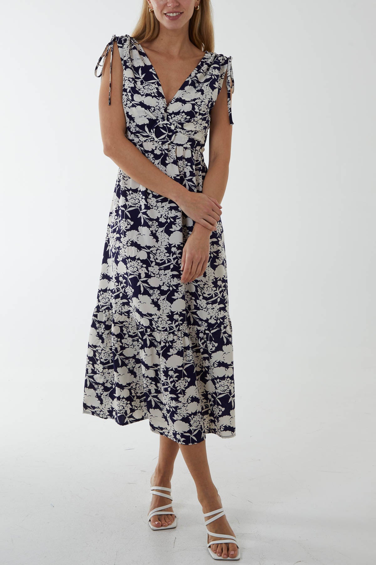 Ring Front Floral V-Neck Midi Dress