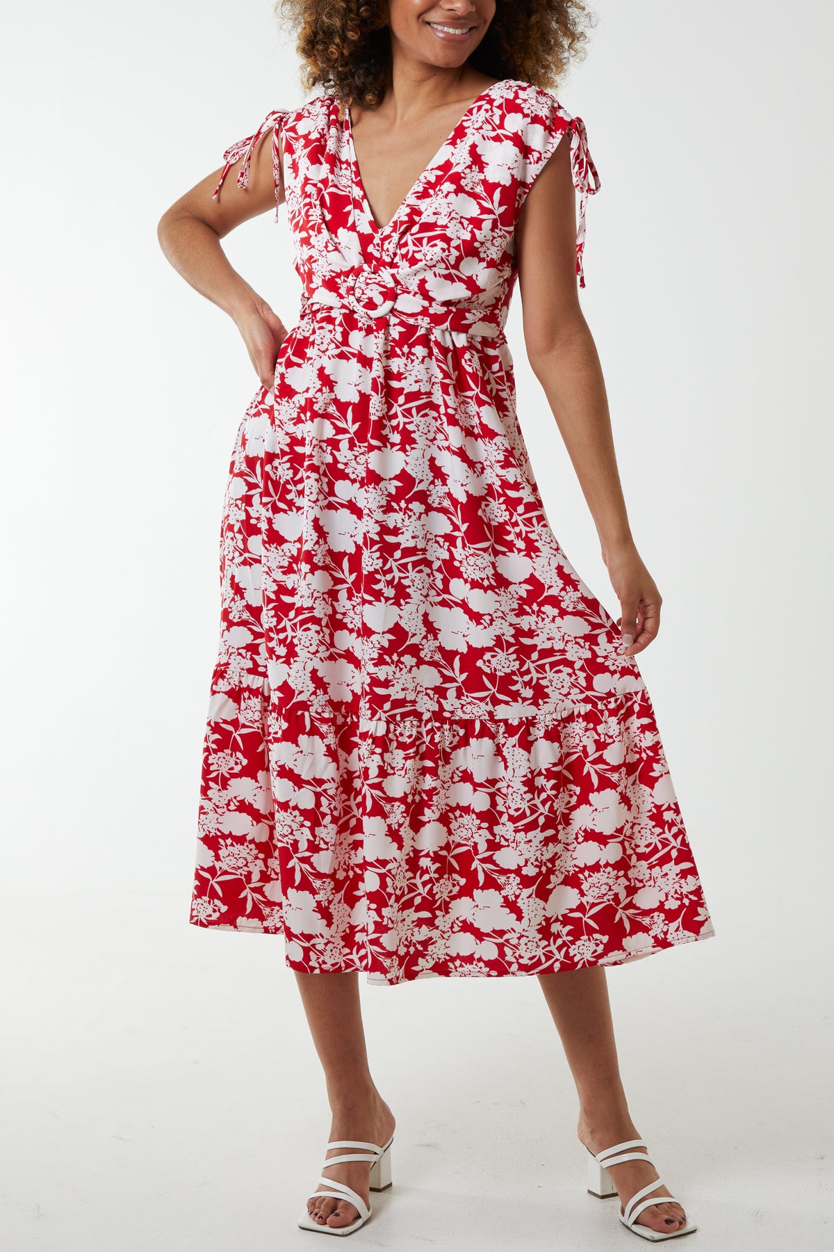 Ring Front Floral V-Neck Midi Dress
