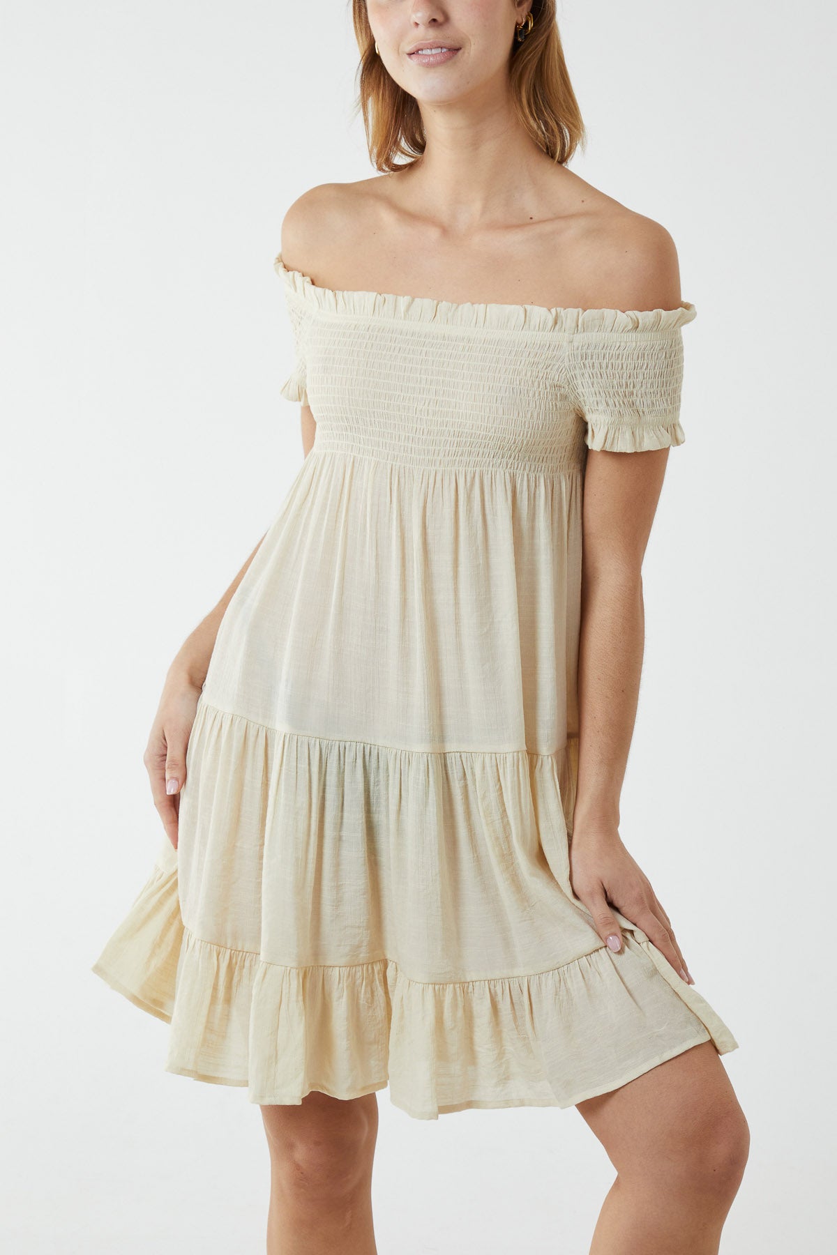 Bardot Shirred Floaty Mini Dress