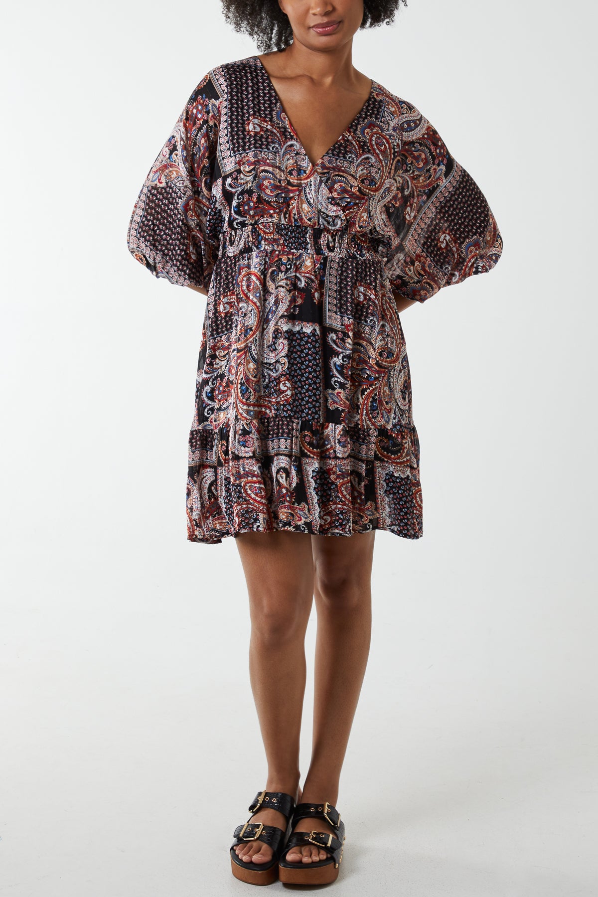 Paisley Wrap Front Kimono Sleeve Mini Dress