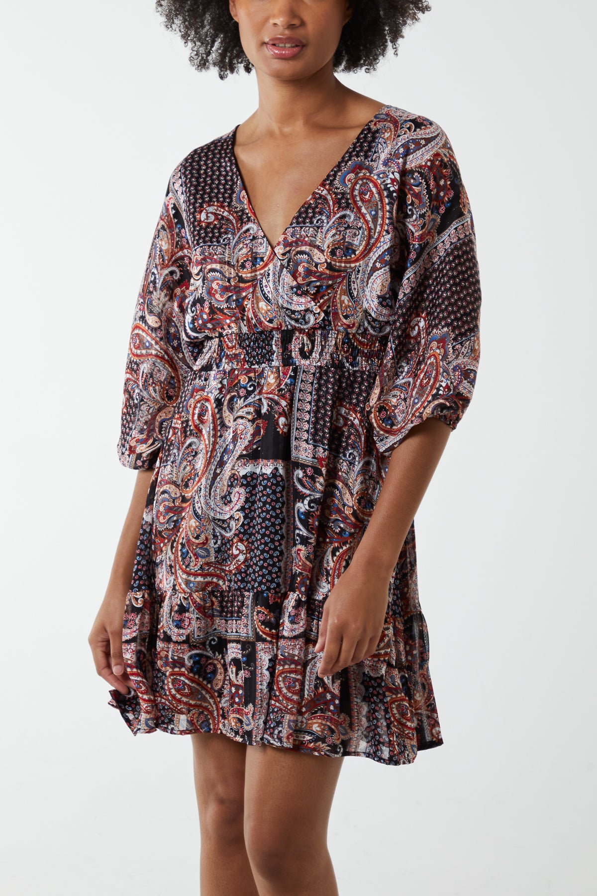 Paisley Wrap Front Kimono Sleeve Mini Dress