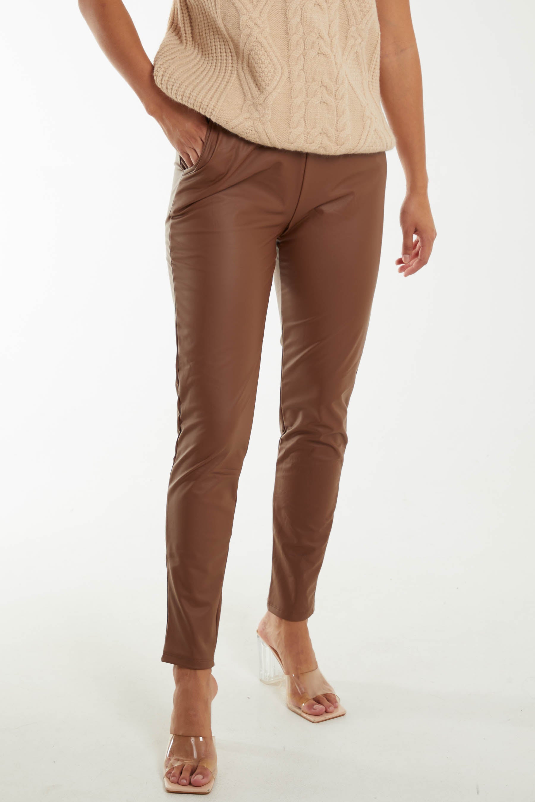 tobacco coloured trousers womens Elastic Tie Waist Leather Look Trousers