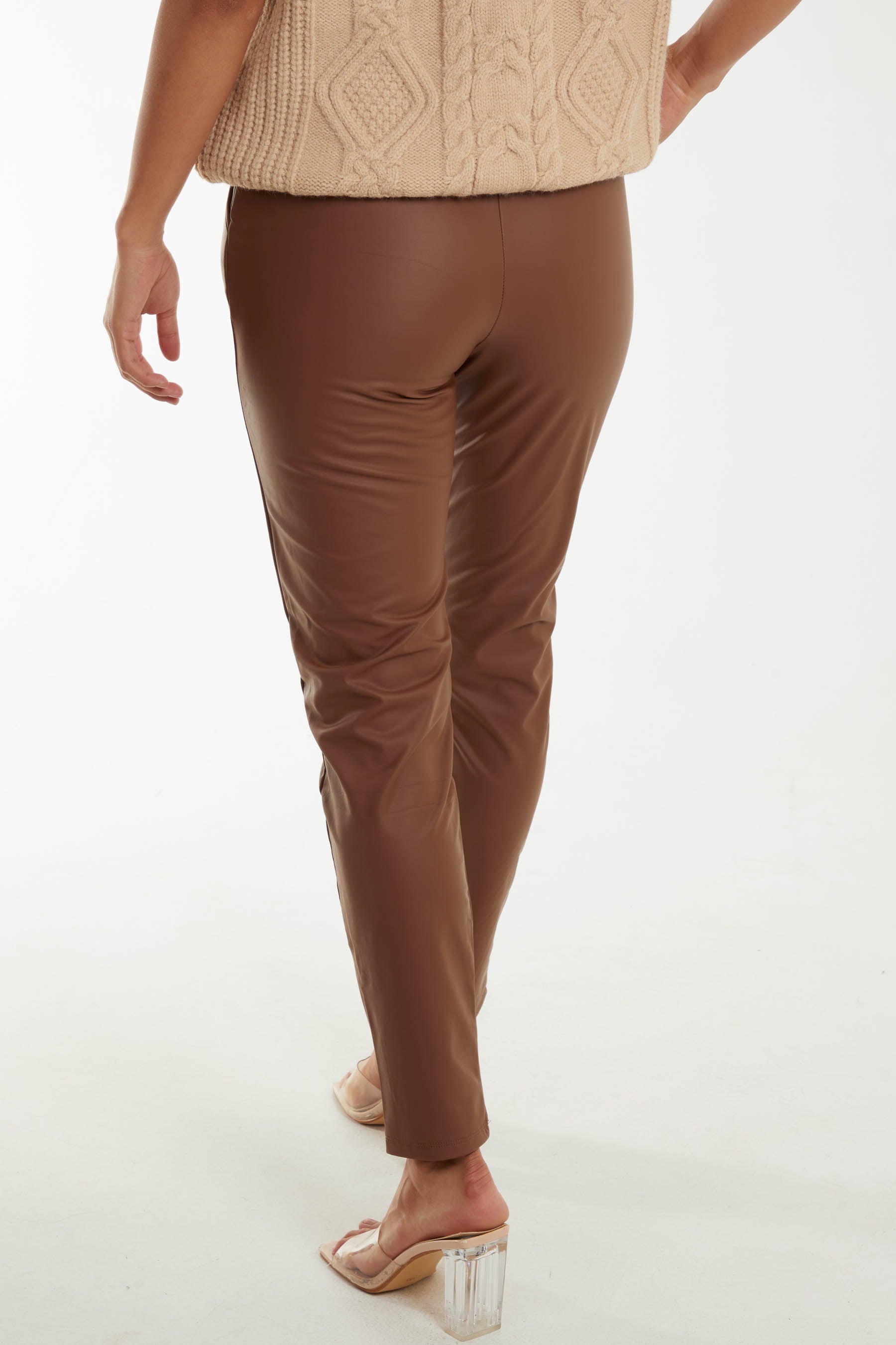 Elastic Tie Waist Leather Look Trousers