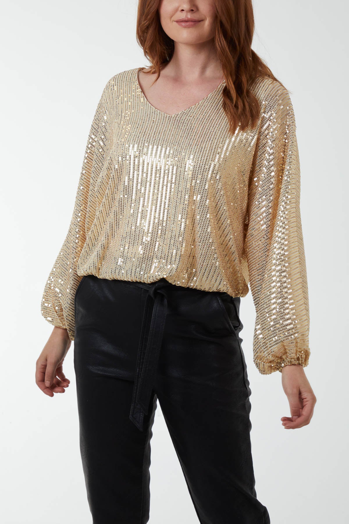 Sequin V-Neck Batwing Blouse