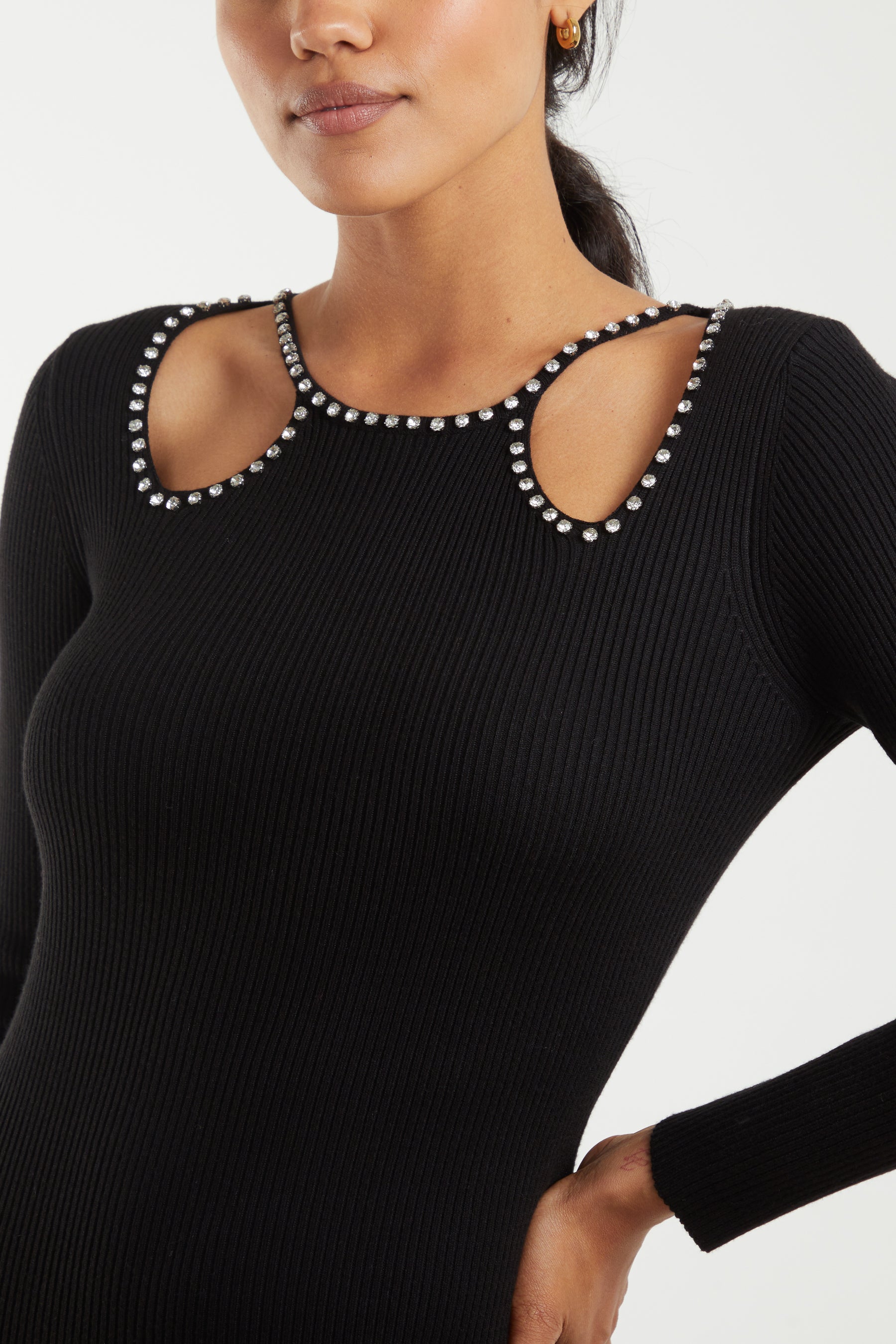 Cut Out Diamante Detail Knitted Mini Dress