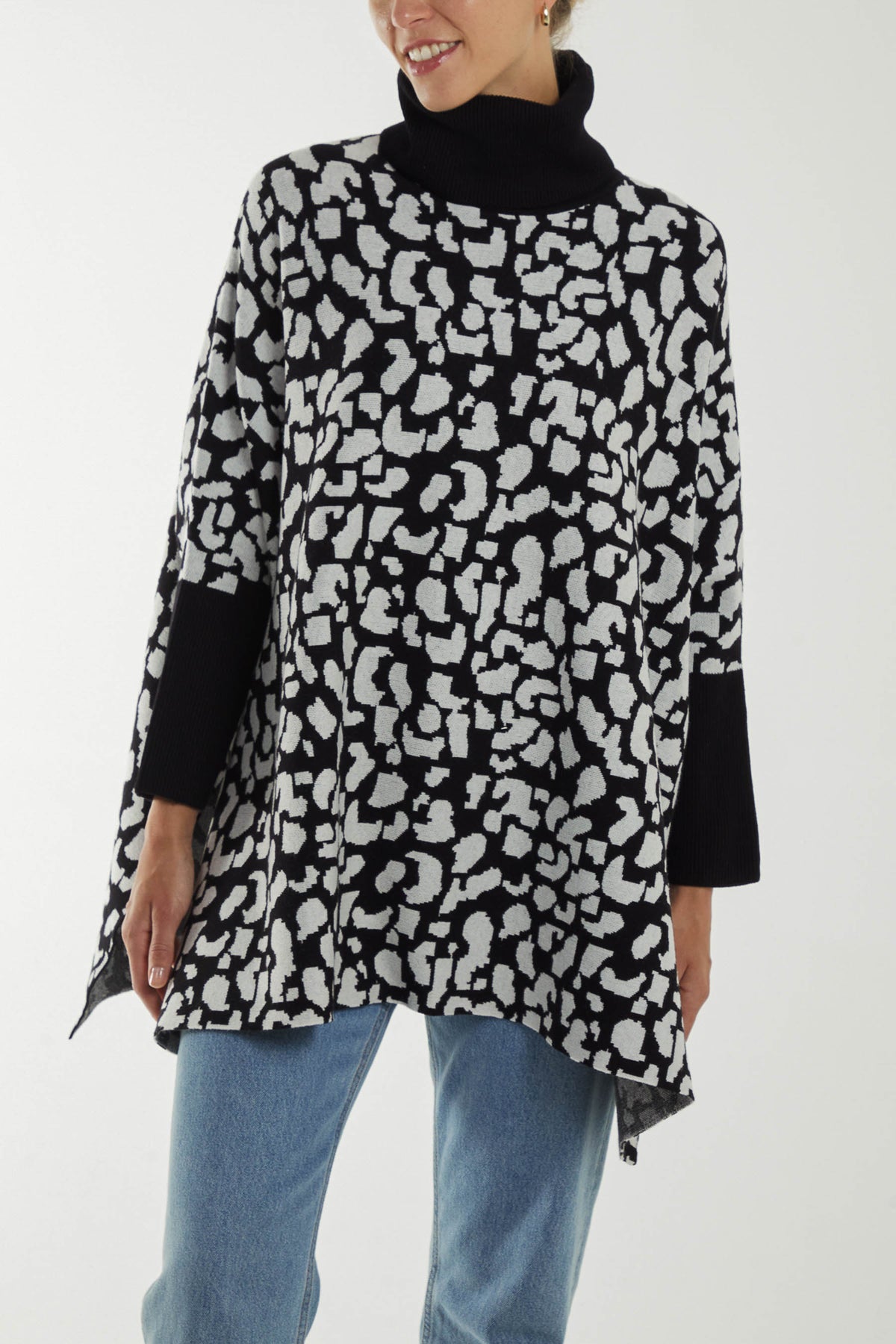 Animal Print Roll Neck Poncho Jumper