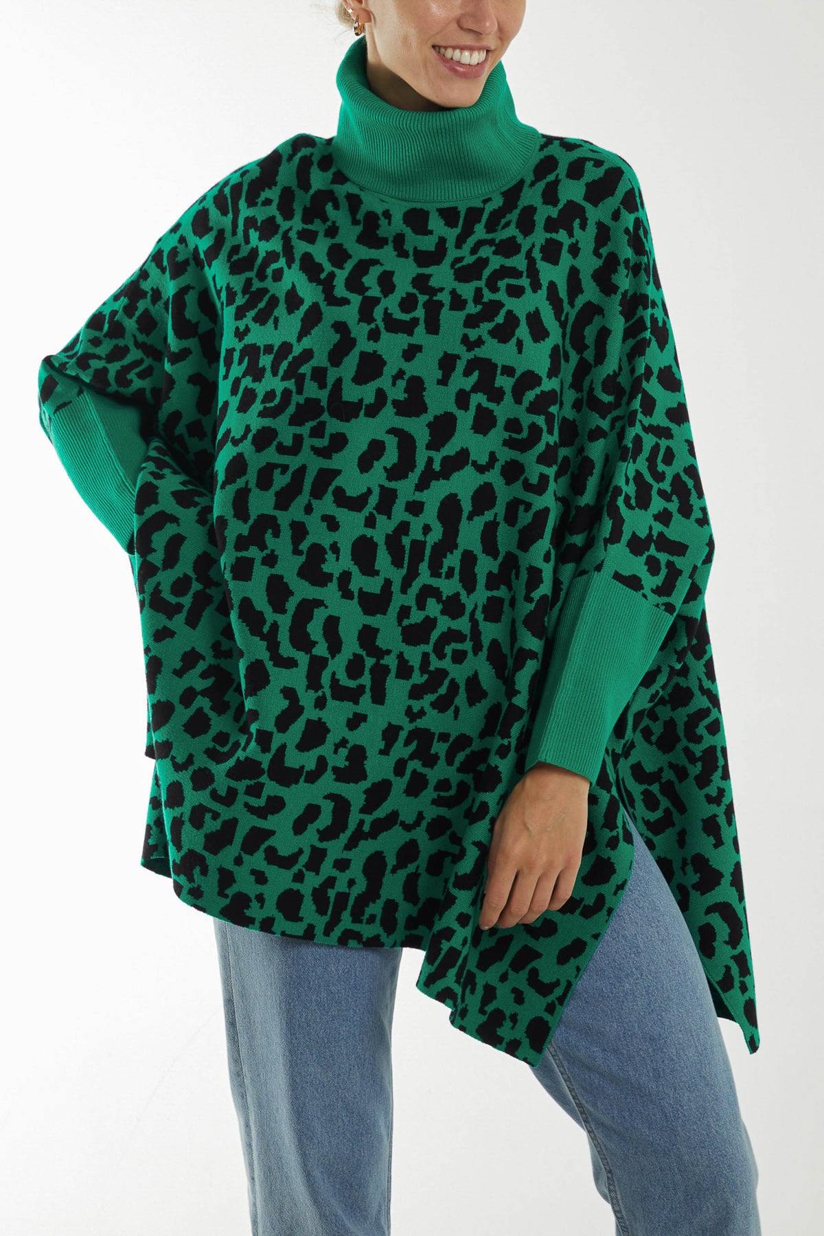 Animal Print Roll Neck Poncho Jumper