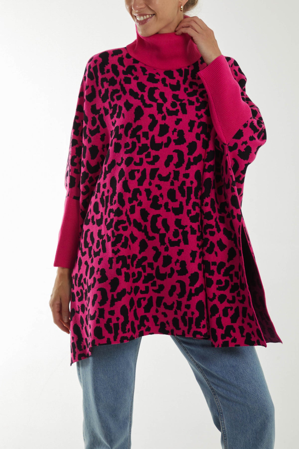 Animal Print Roll Neck Poncho Jumper