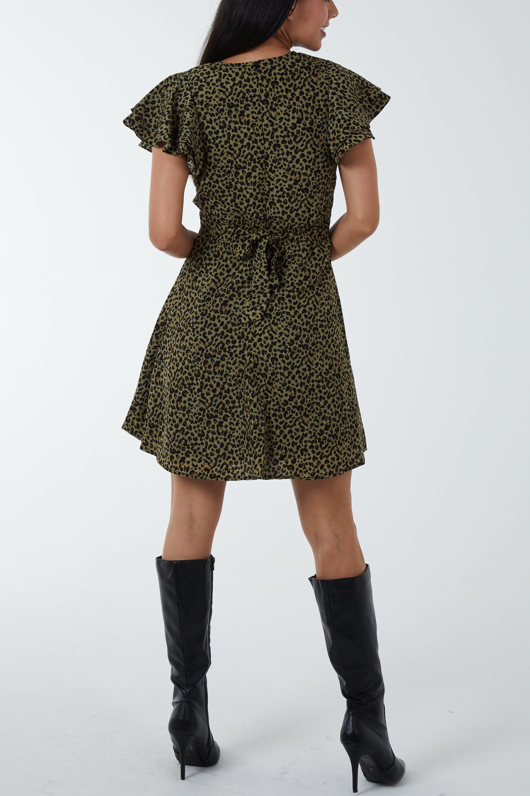Animal Print Wrap Ruffle Sleeve Mini Dress