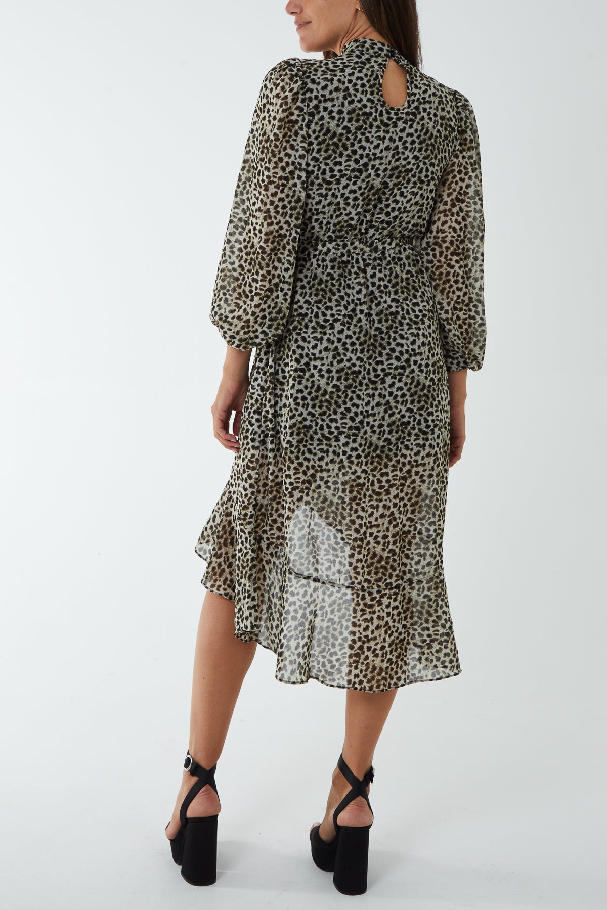 Animal High Neck Asymmetric Wrap Midi Dress