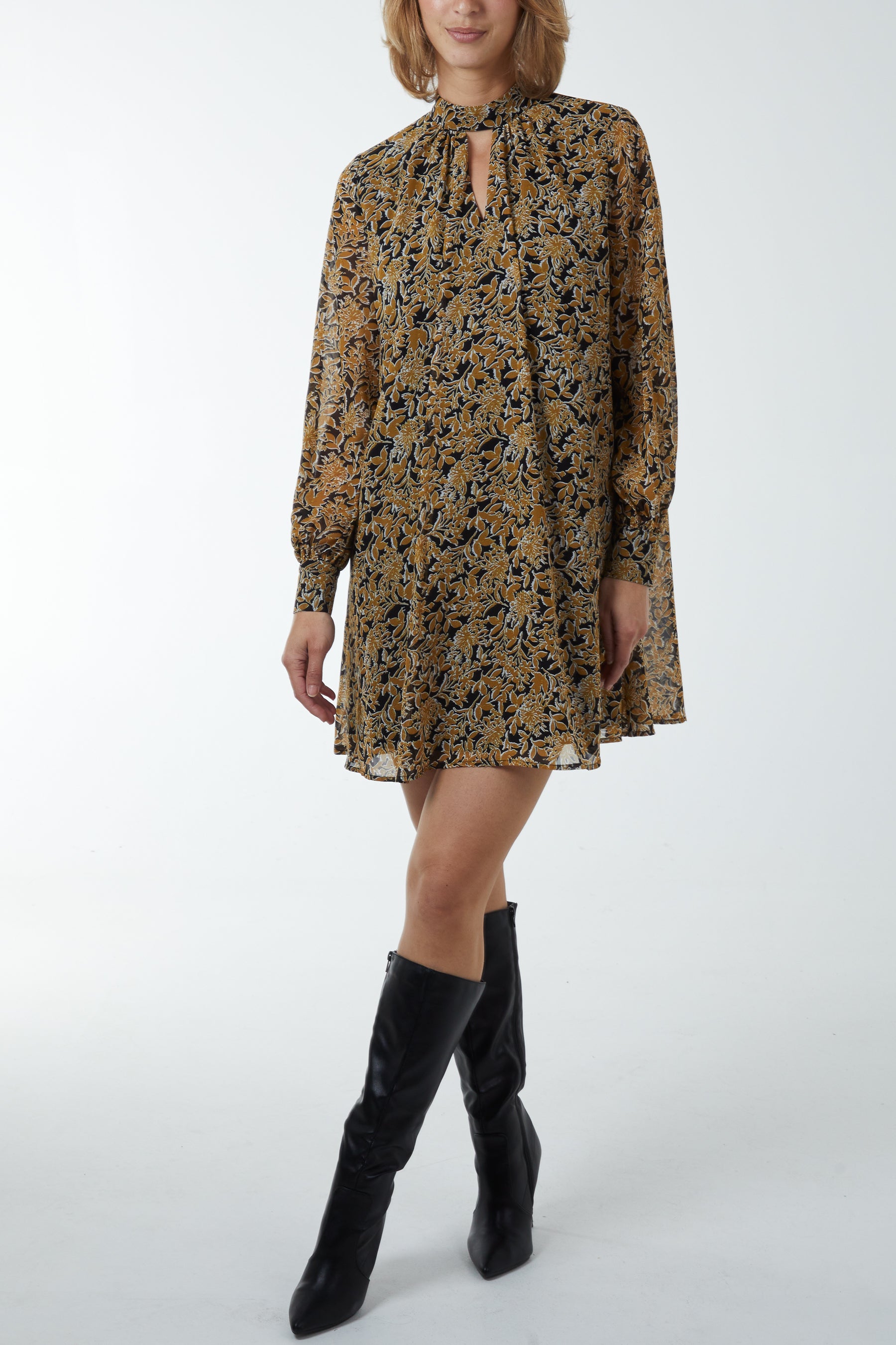 Bishop Sleeve Floral Keyhole Swing Mini Dress