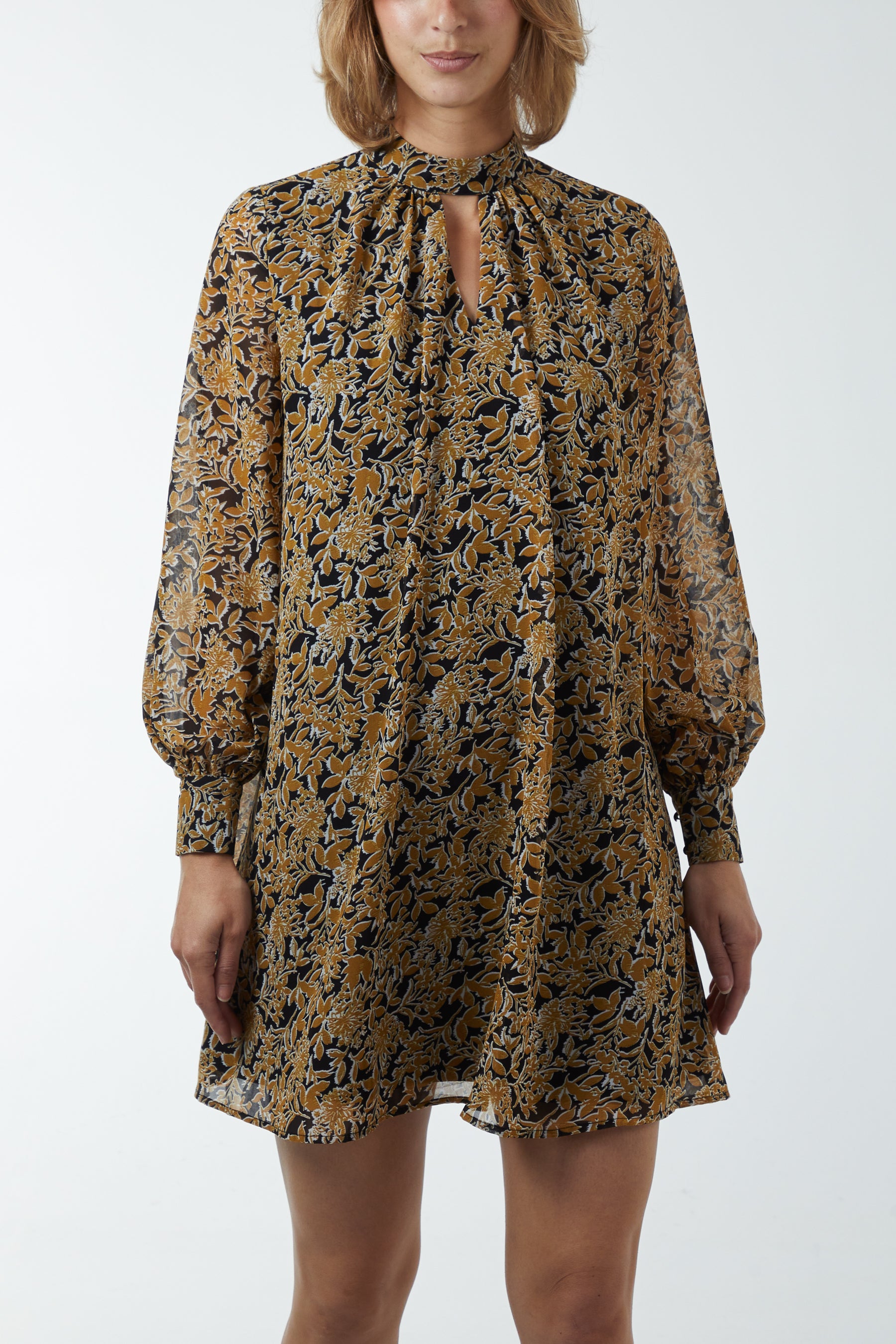 Bishop Sleeve Floral Keyhole Swing Mini Dress