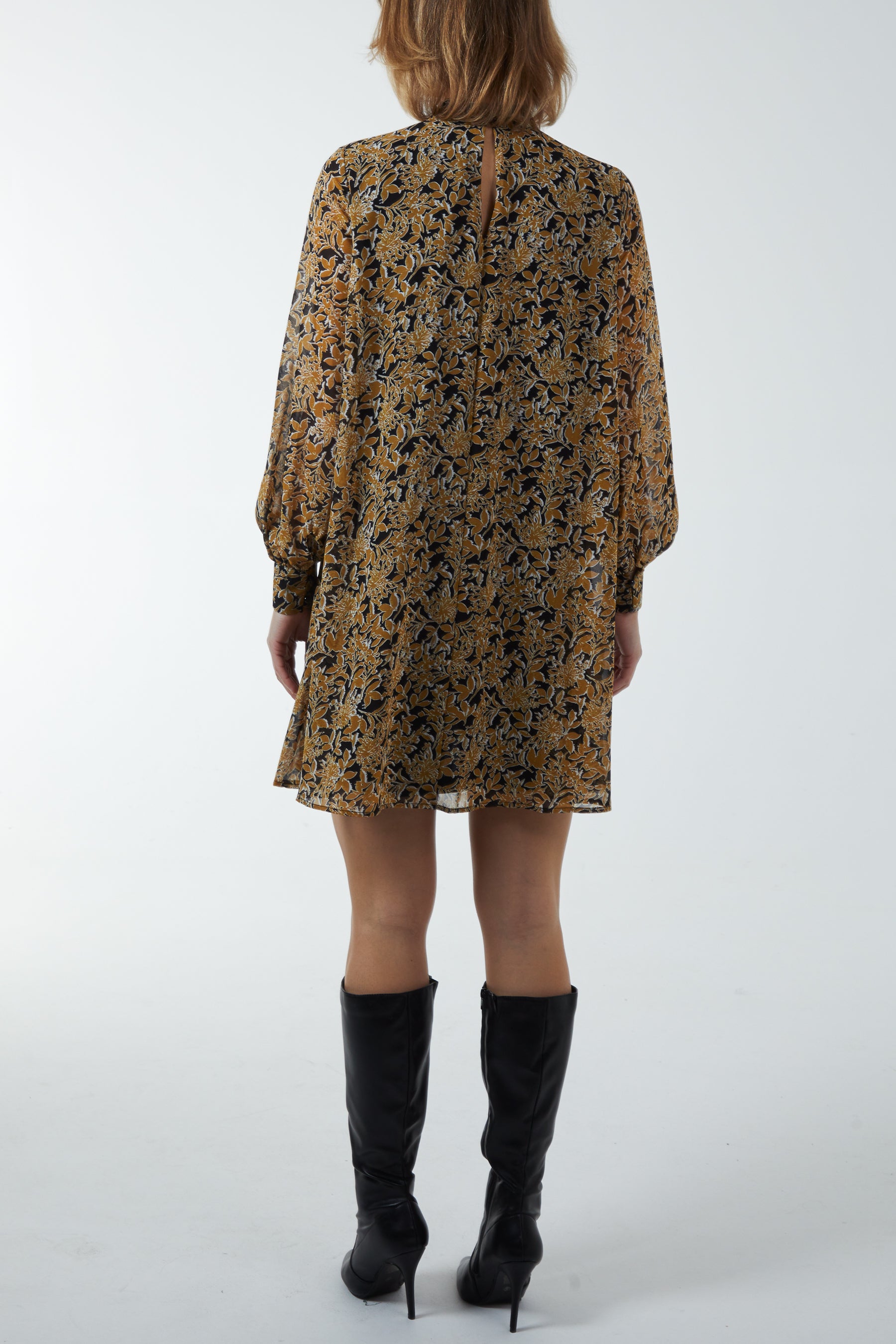 Bishop Sleeve Floral Keyhole Swing Mini Dress