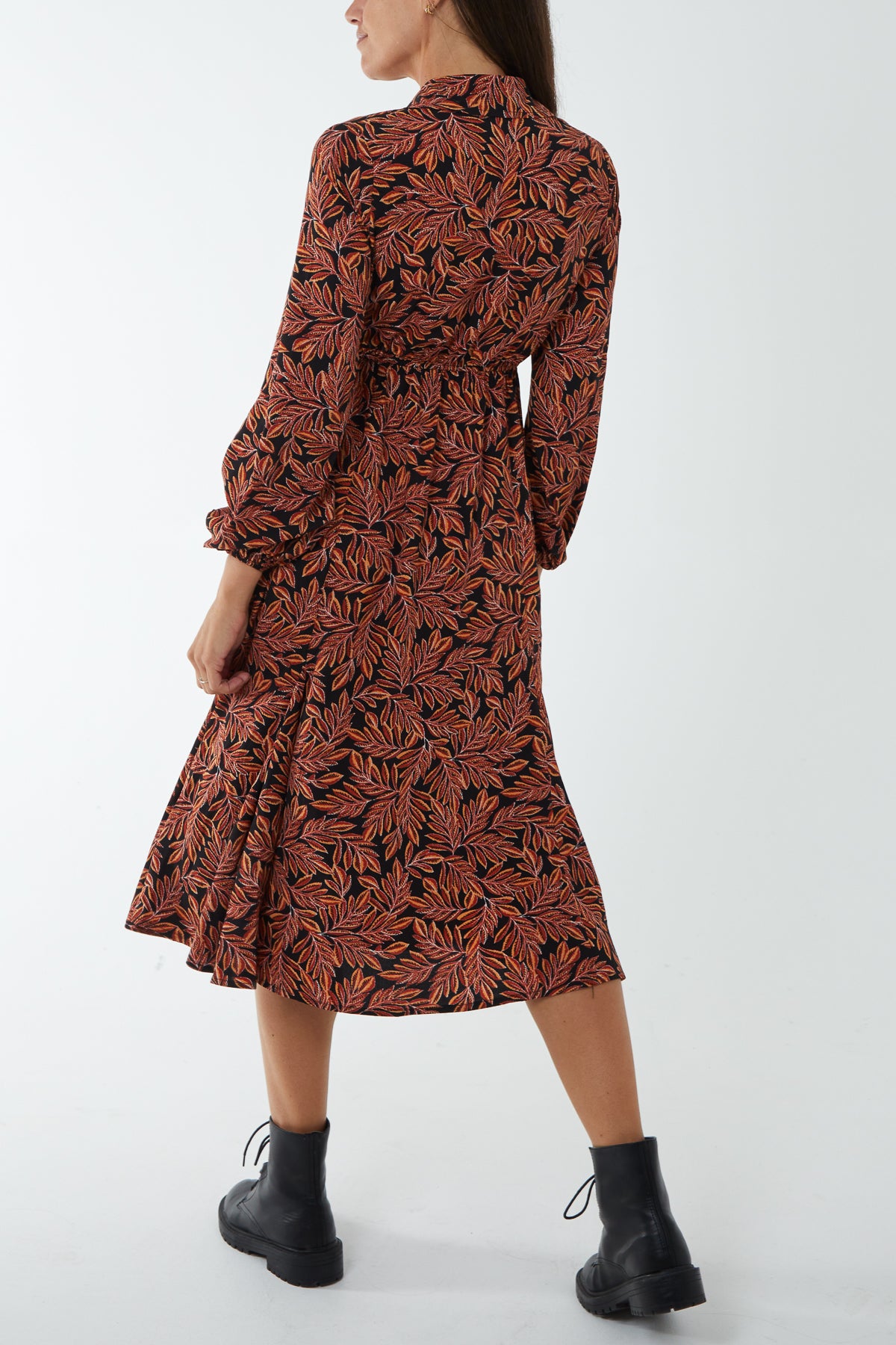 Leaf Print Godet Hem Midi Shirt Dress