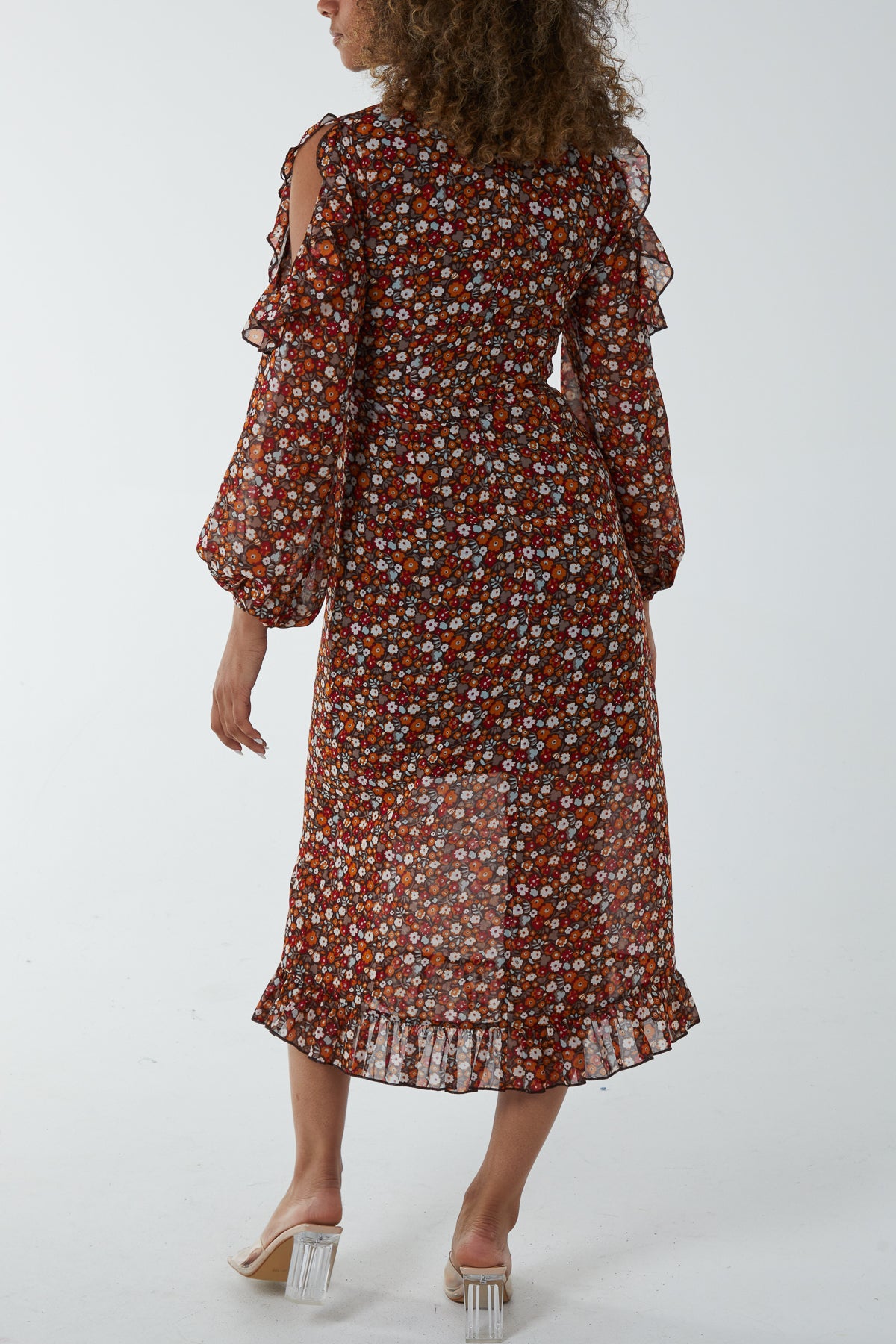 Cold Shoulder Ditsy Floral Frill Midi Dress